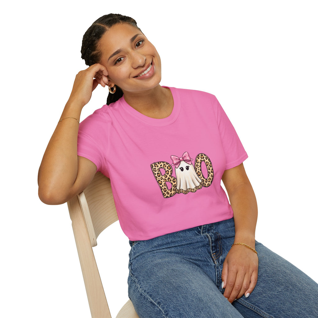 Boo Leopard Ghost T-Shirt — Cute Pink Bow Halloween Gift for Women Graphic Tee