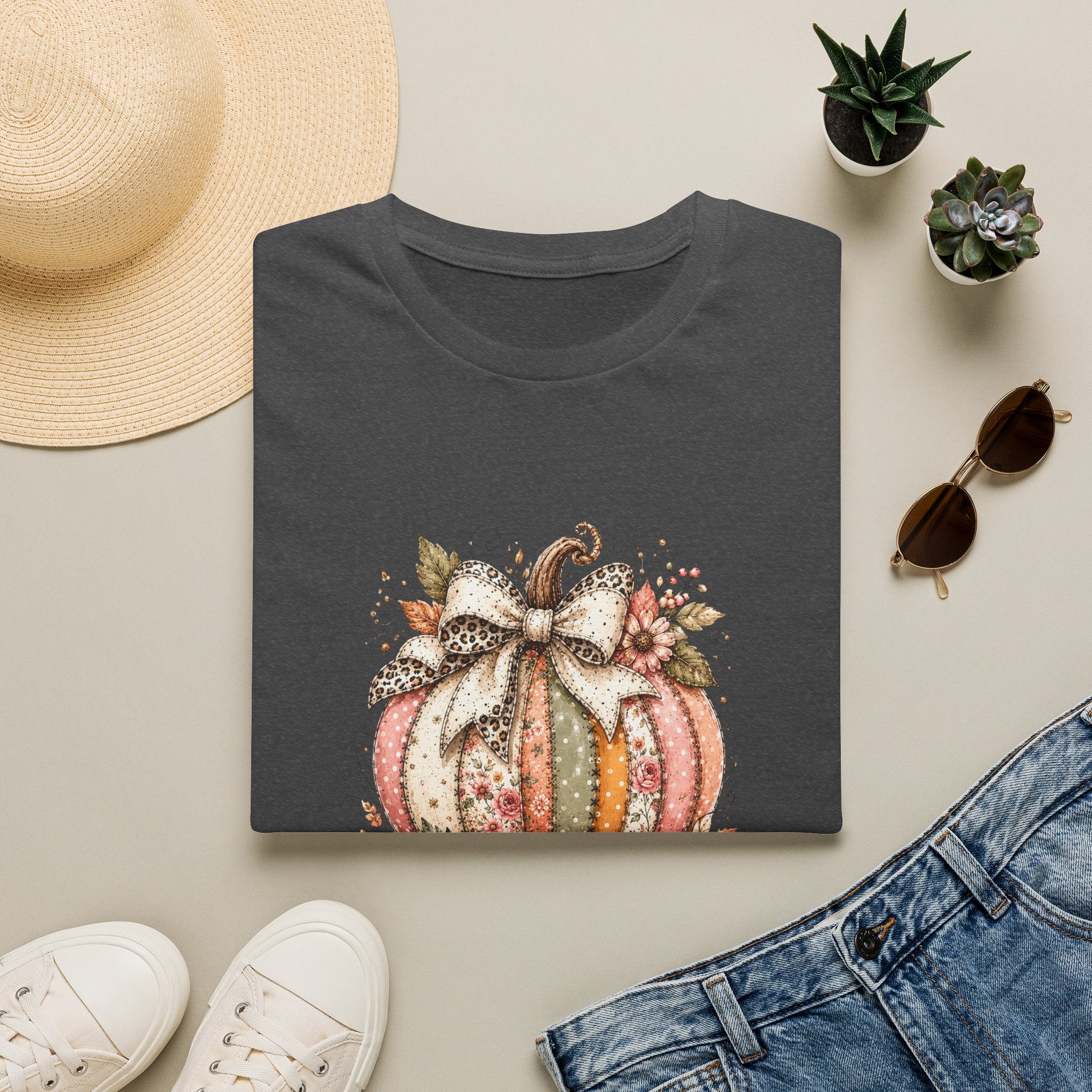Autumn Floral Pumpkin Leopard Bow T-Shirt — Cute Fall Gift for Women Graphic Tee