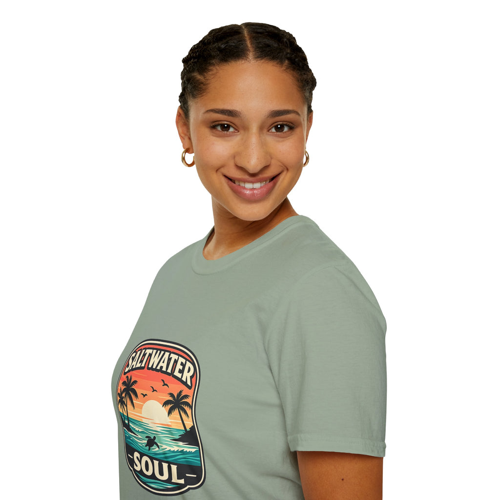 Saltwater Soul Retro Beach T-Shirt — Cute Coastal Gift for Women Sunset Palm Tee