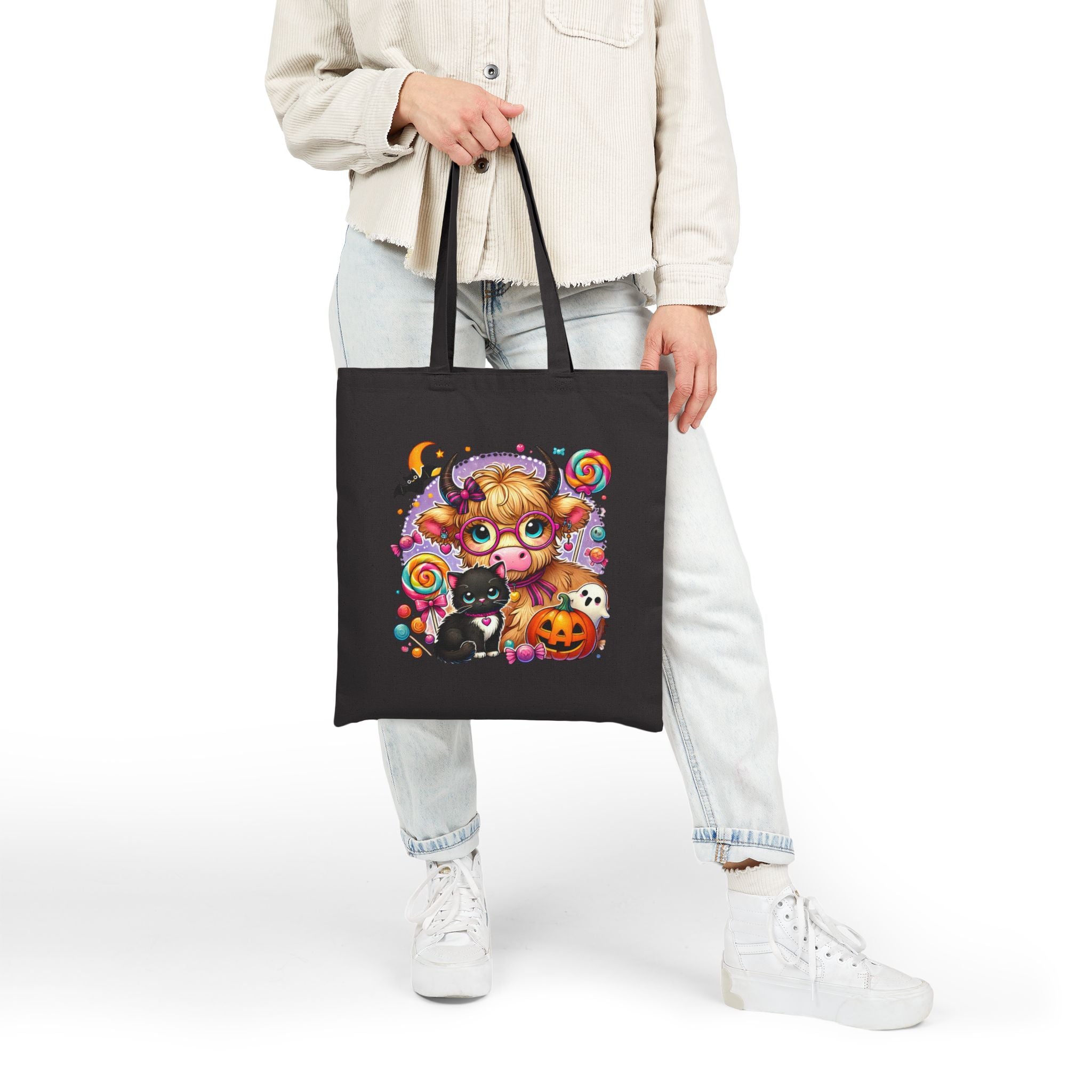 Halloween Cow Costume Canvas Tote Bag — Cute Funny Gift for Her Pumpkin & Cat Shopper