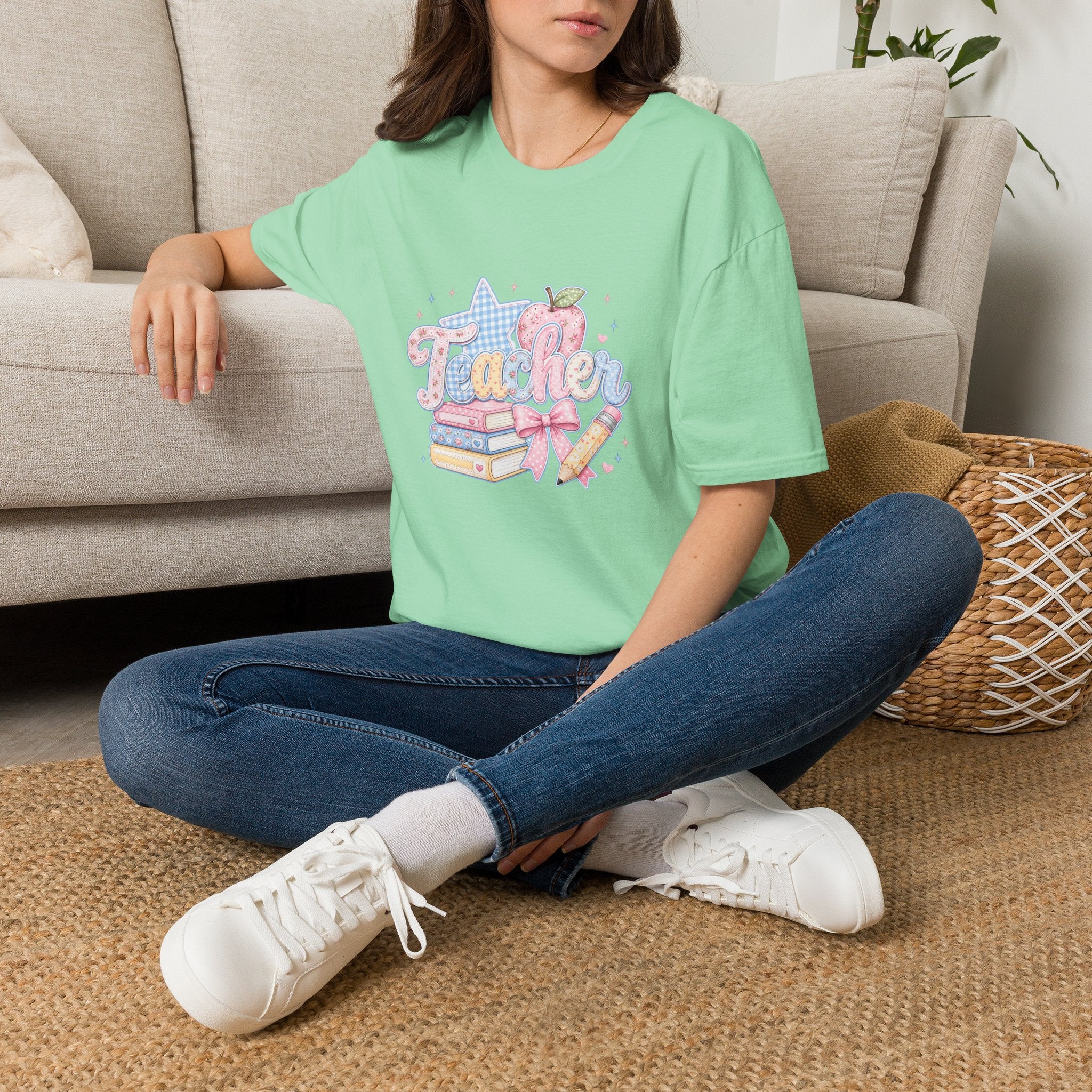 Cute Pastel Apple & Books Teacher T-Shirt — Funny Back-to-School Gift Graphic Tee