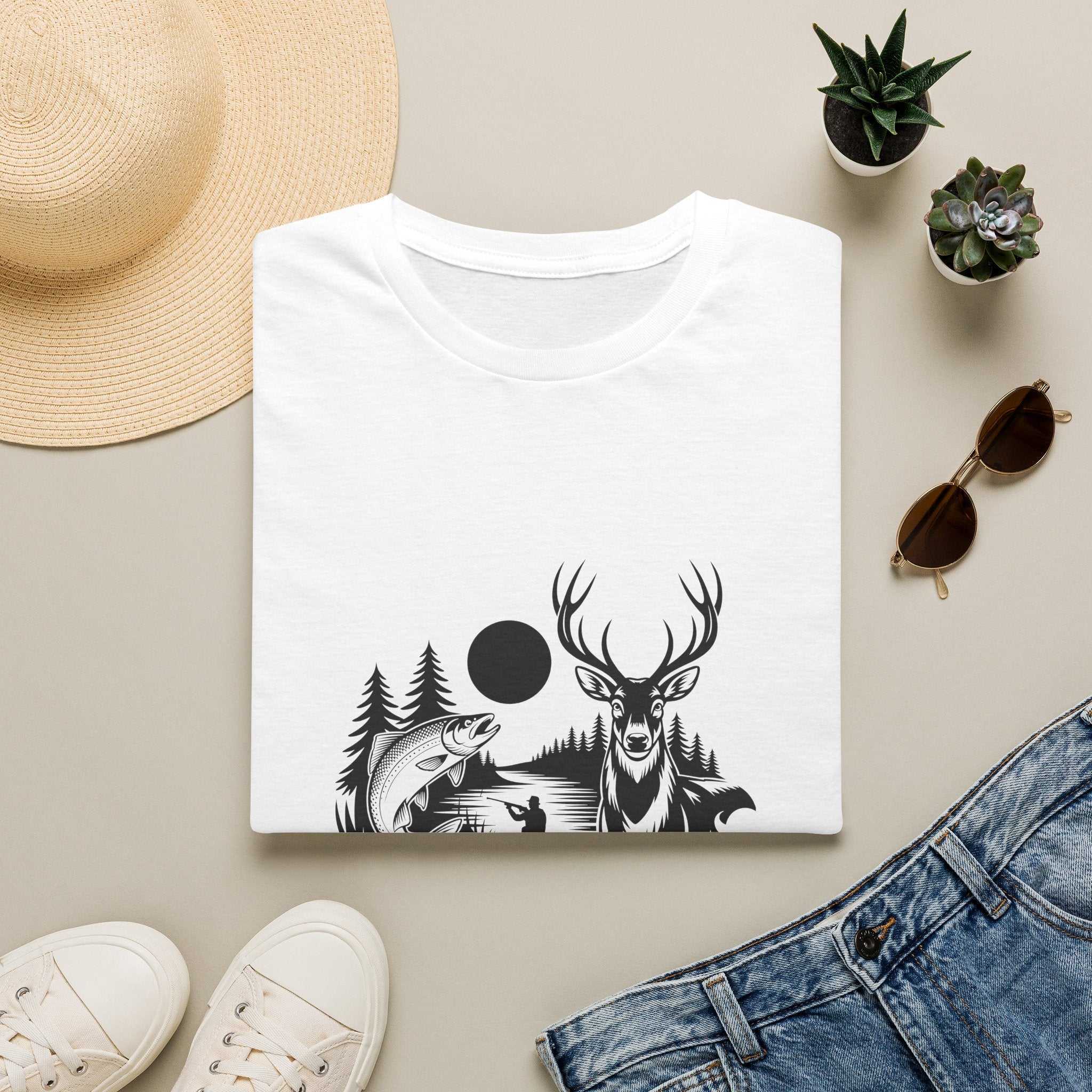 Deer & Fish Forest Silhouette T-Shirt — Rustic Outdoor Gift for Hunters Graphic Tee