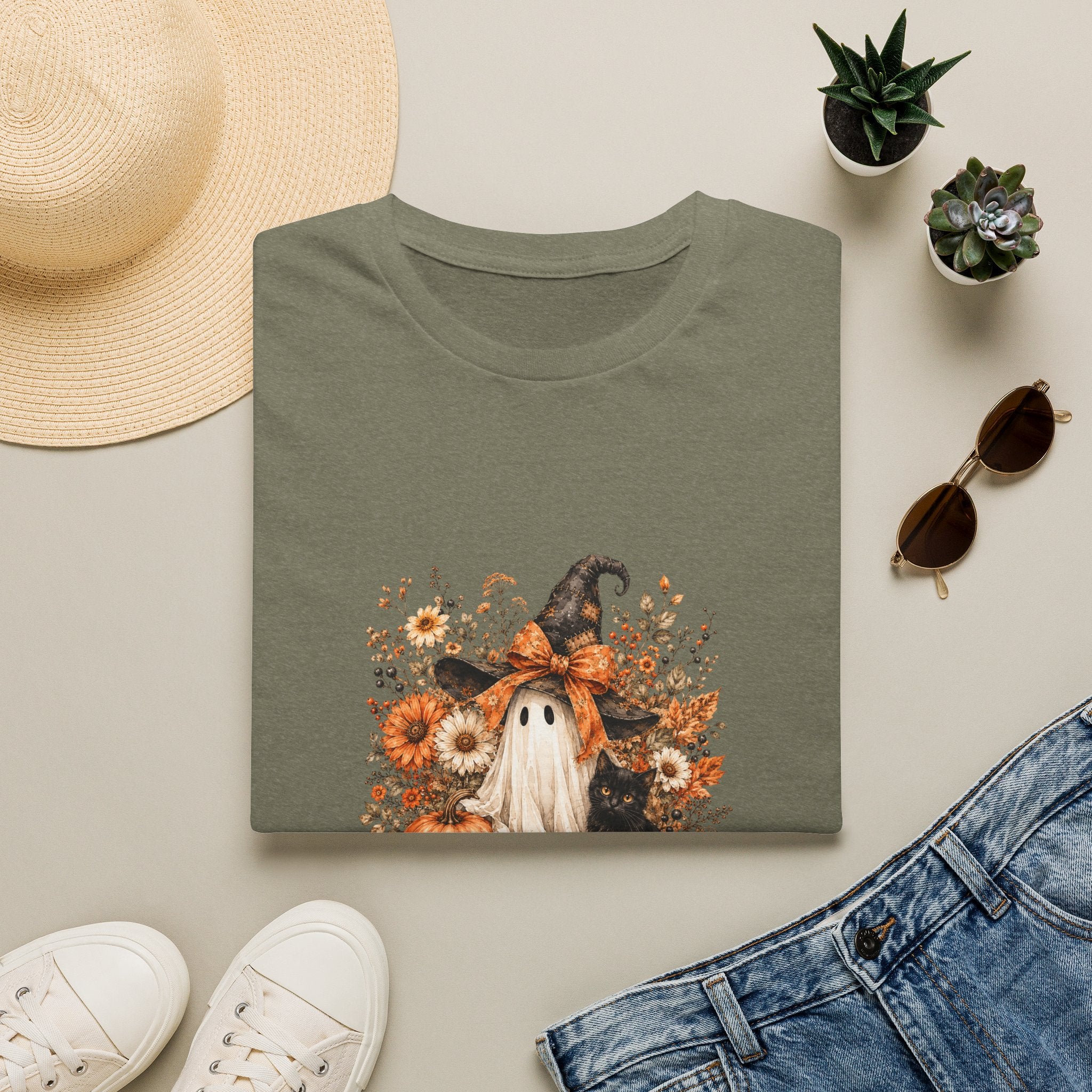 Halloween Witch Ghost & Cat T-Shirt — Cute Spooky Gift for Women Fall Floral Tee