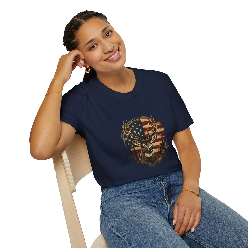 American Flag Deer T-Shirt — Patriotic Buck Gift for Hunters Men's Graphic Tee
