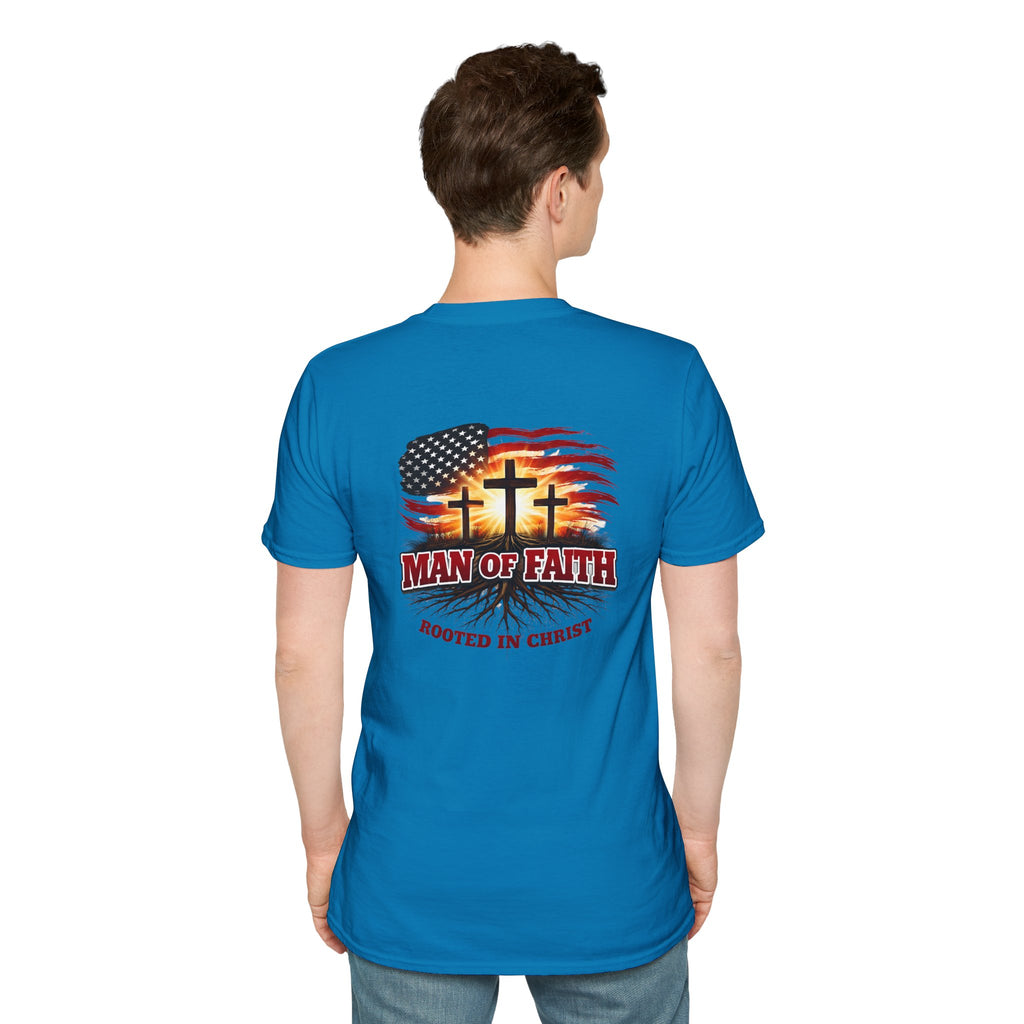 Man of Faith Rooted in Christ T-Shirt — Christian Gift for Him Flag & Cross Back Print Graphic Tee