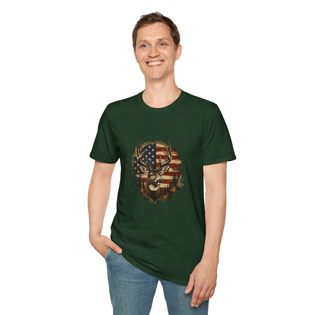 American Flag Deer T-Shirt — Patriotic Buck Gift for Hunters Men's Graphic Tee