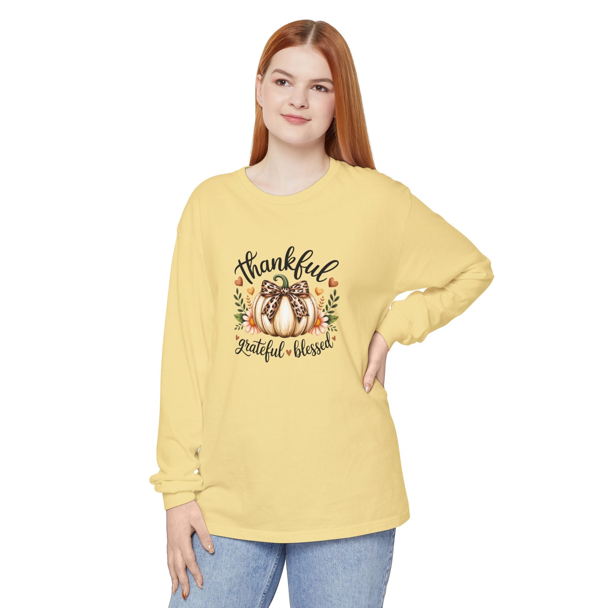Thankful Grateful Blessed Pumpkin Long Sleeve — Cute Fall Thanksgiving Gift for Women
