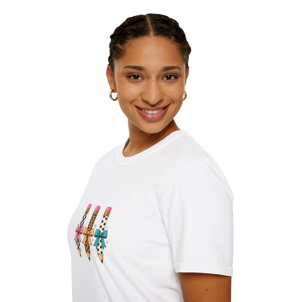 Pencil Trio Graphic T-Shirt — Cute Patterned Pencils with Bows