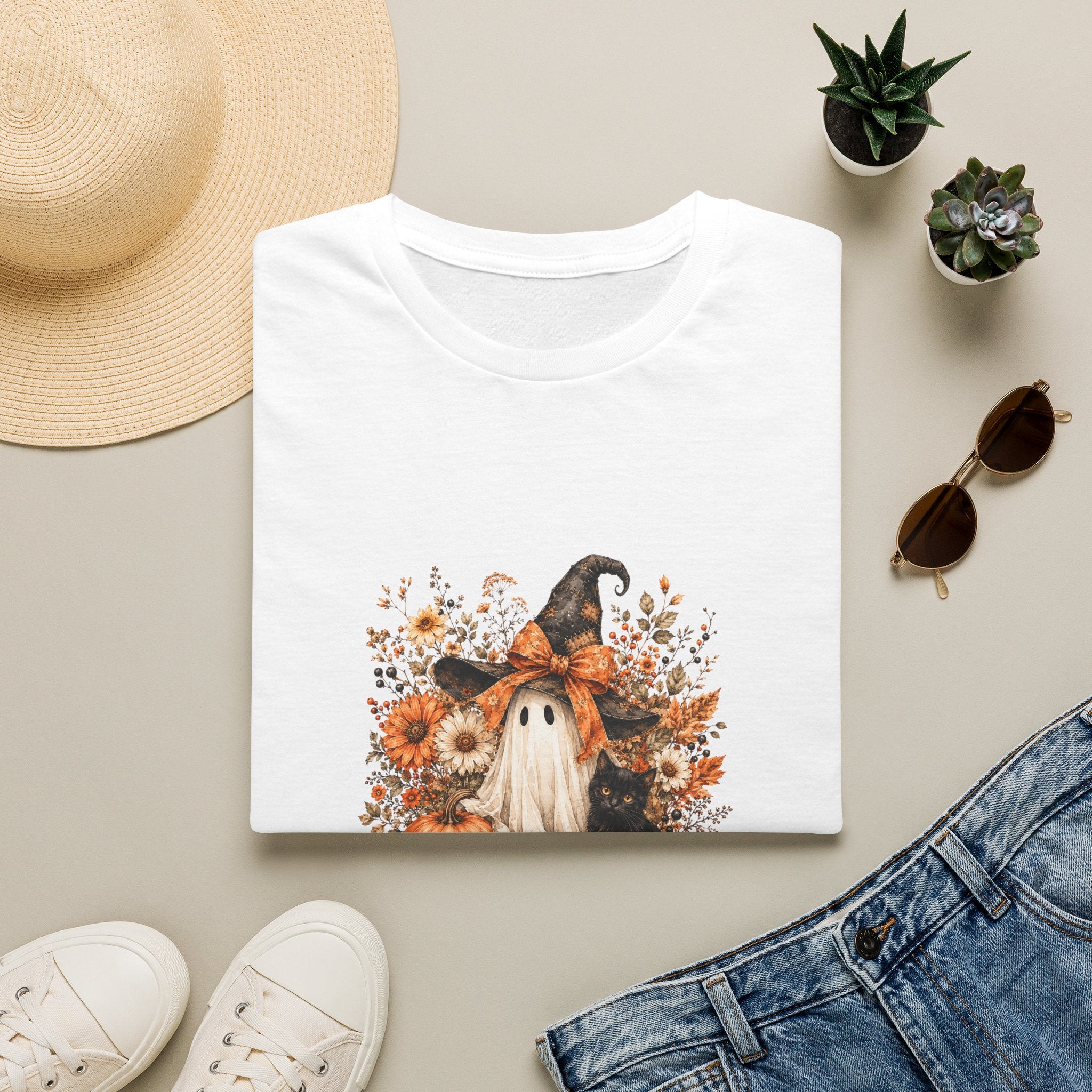 Halloween Witch Ghost & Cat T-Shirt — Cute Spooky Gift for Women Fall Floral Tee
