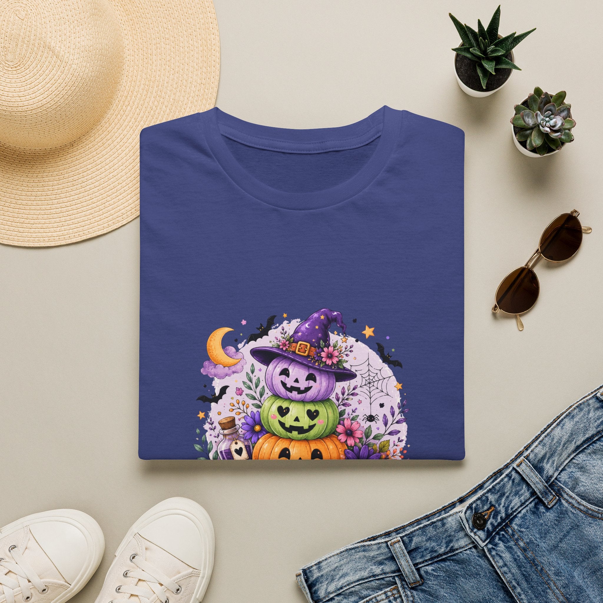 Spooky Season Pumpkin Stack T-Shirt — Cute Halloween Gift for Women Witch Hat Tee