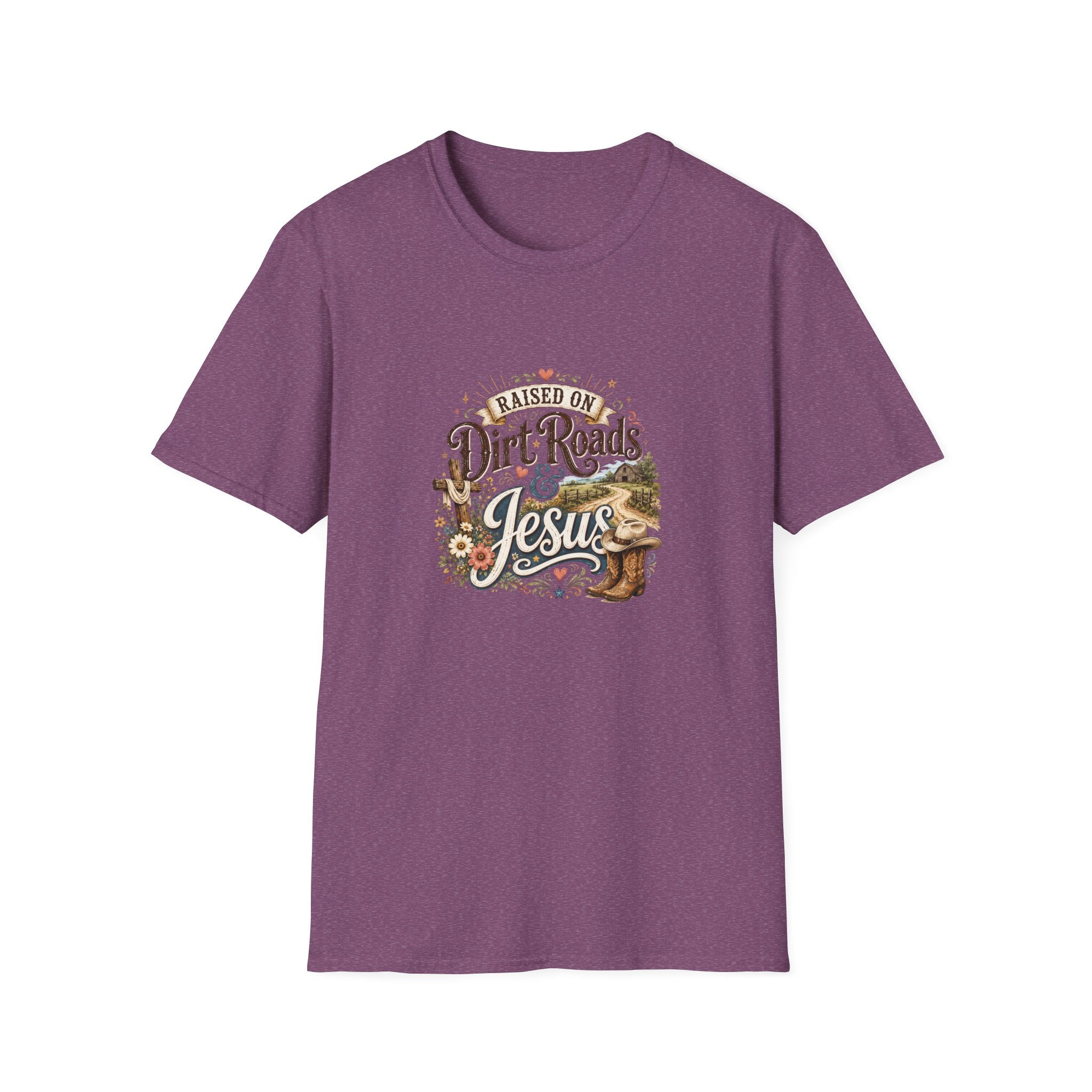 Raised on Dirt Roads & Jesus T-Shirt — Rustic Christian Gift for Women Faith Tee