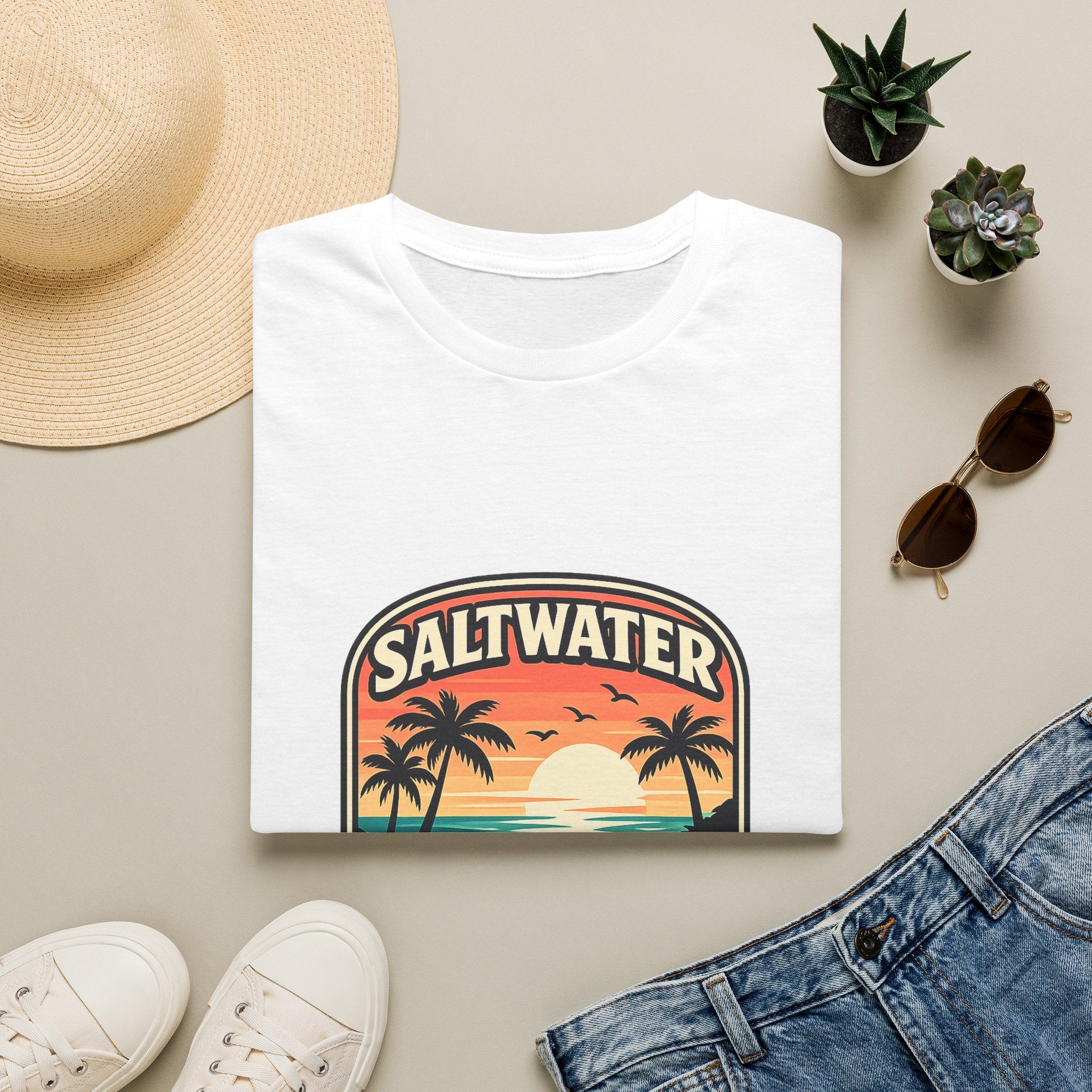 Saltwater Soul Retro Beach T-Shirt — Cute Coastal Gift for Women Sunset Palm Tee