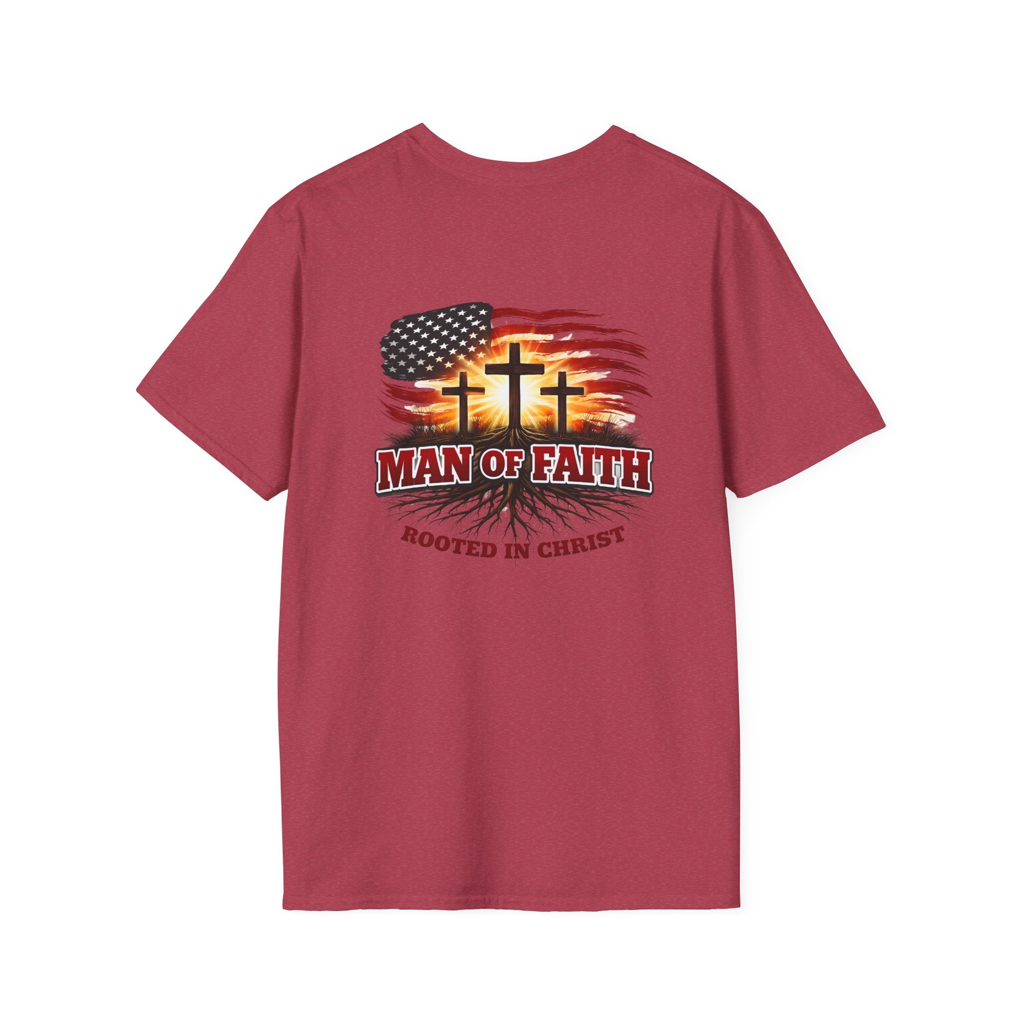 Man of Faith Rooted in Christ T-Shirt — Christian Gift for Him Flag & Cross Back Print Graphic Tee
