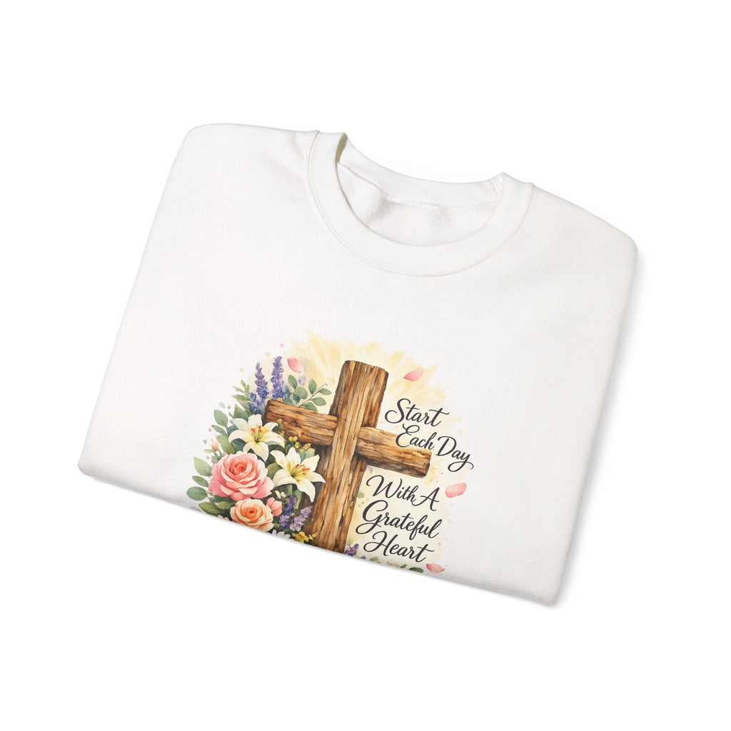 Christian Crewneck Sweatshirt — "Start Each Day with a Grateful Heart" Floral Cross
