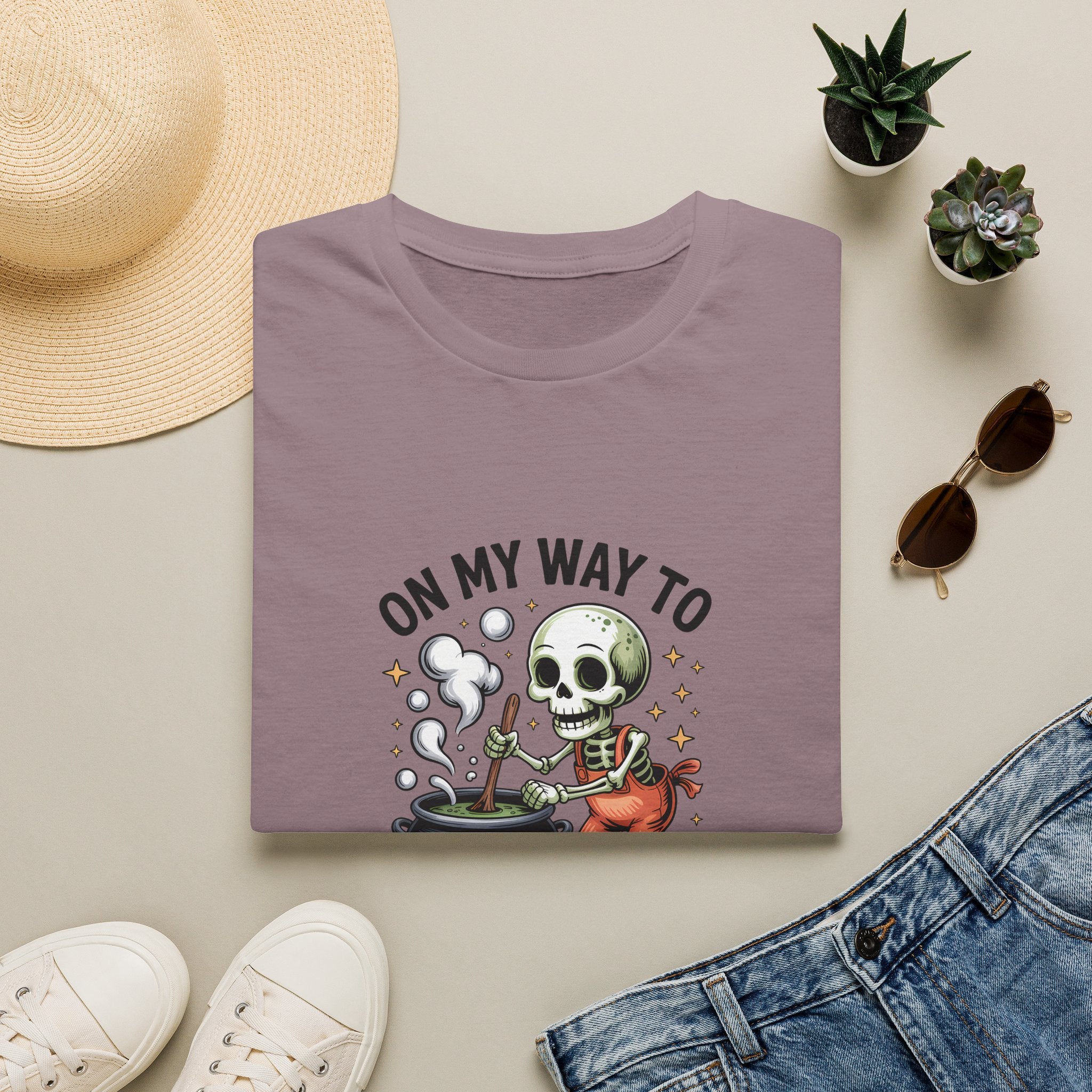 On My Way to Stir the Pot Skeleton T-Shirt — Funny Halloween Gift for Women