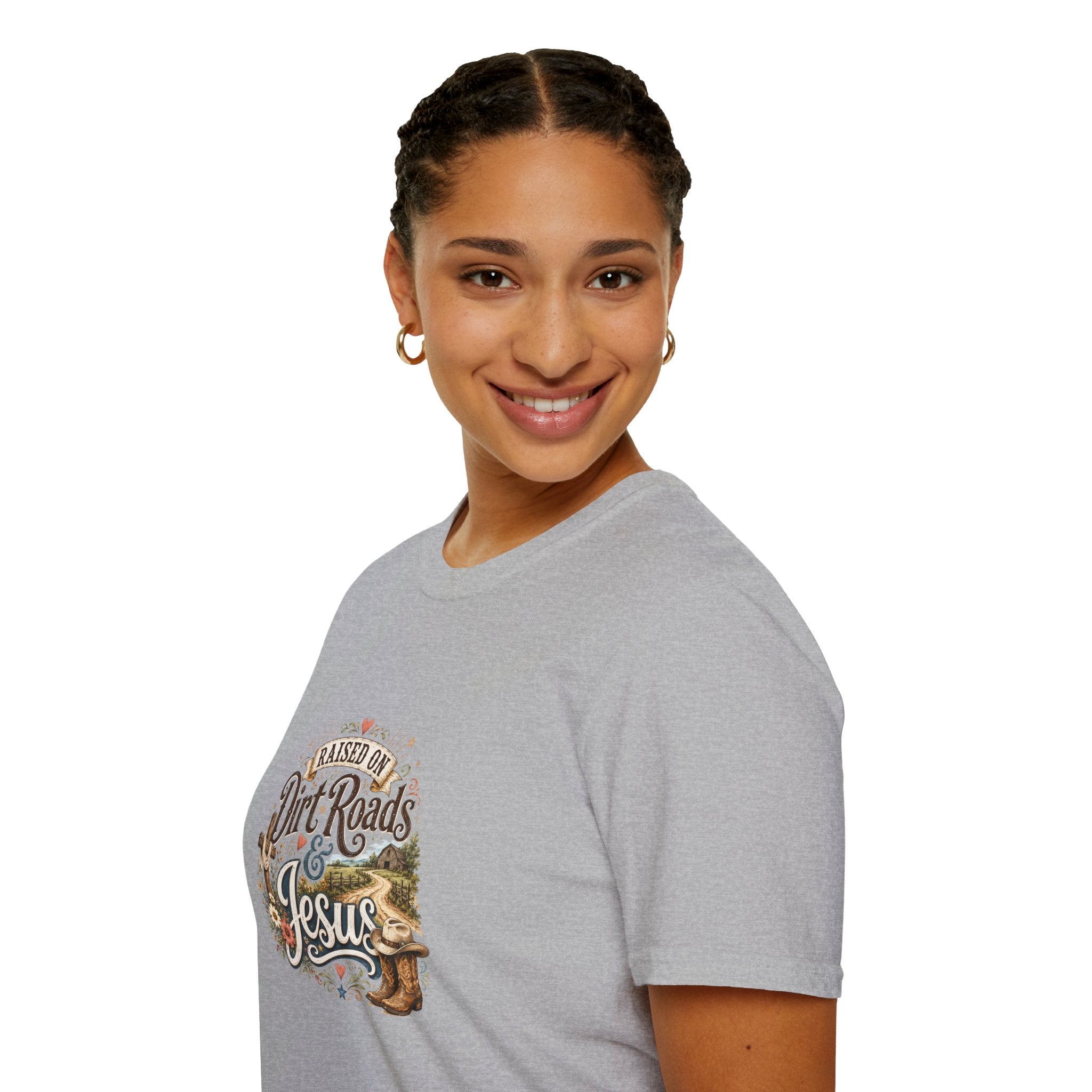 Raised on Dirt Roads & Jesus T-Shirt — Rustic Christian Gift for Women Faith Tee