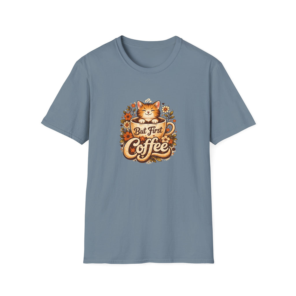 But First Coffee Cat T-Shirt — Cute Floral Gift for Coffee Lovers Women's Tee