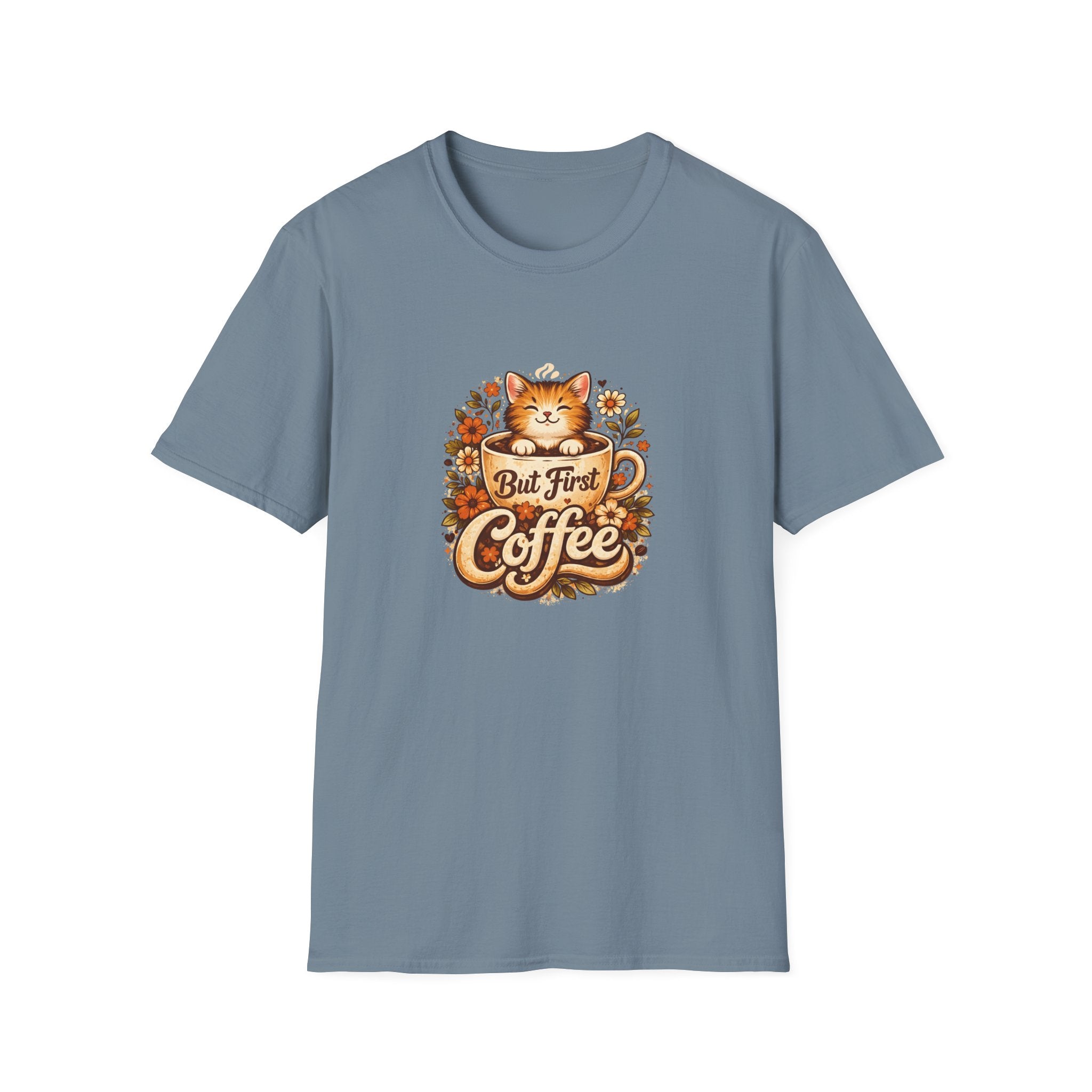 But First Coffee Cat T-Shirt — Cute Floral Gift for Coffee Lovers Women's Tee