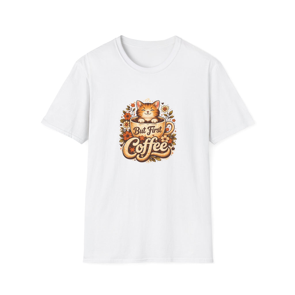 But First Coffee Cat T-Shirt — Cute Floral Gift for Coffee Lovers Women's Tee