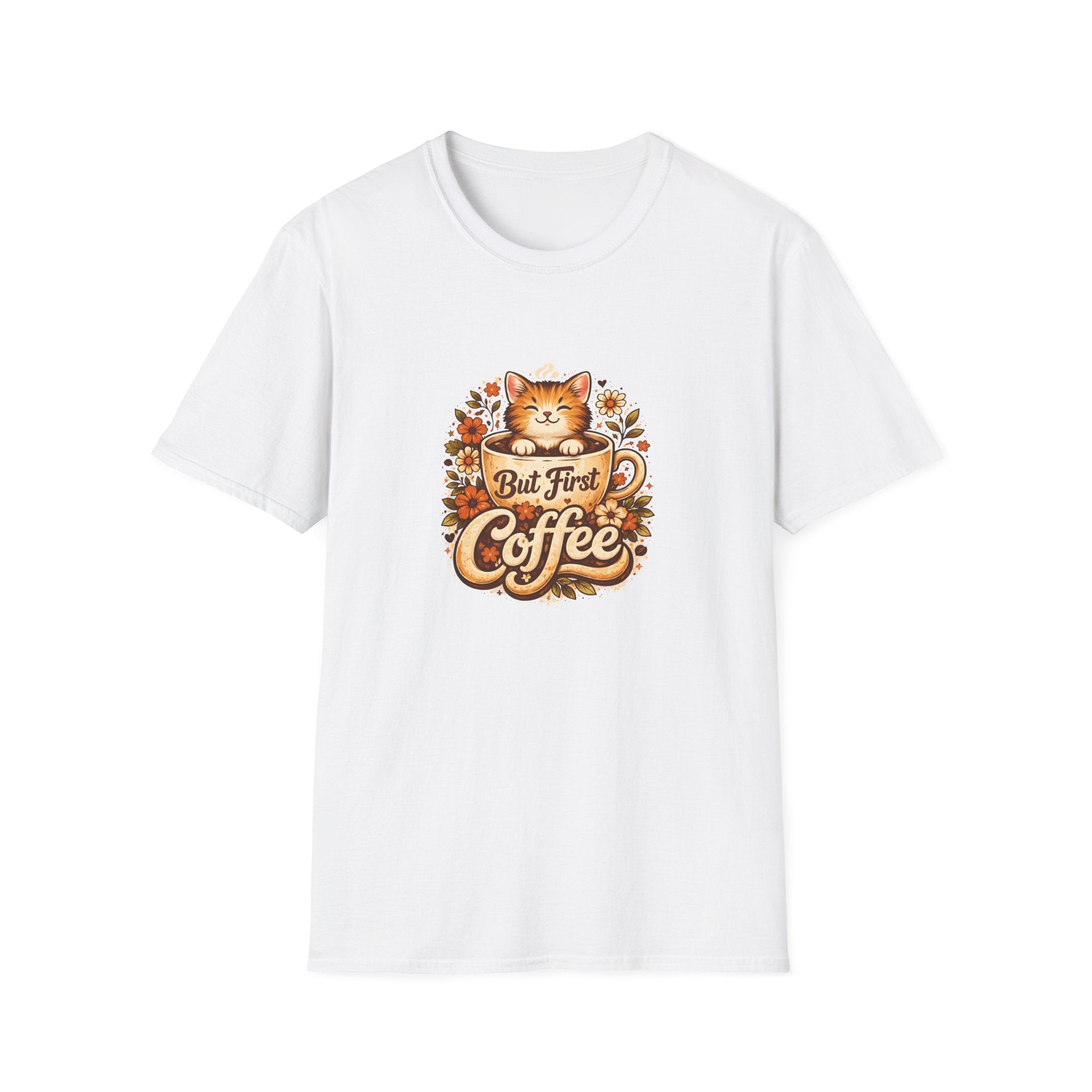 But First Coffee Cat T-Shirt — Cute Floral Gift for Coffee Lovers Women's Tee
