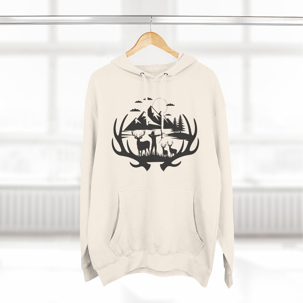 Deer Antler Mountain Hoodie — Rustic Outdoor Gift for Him Wildlife Graphic Pullover