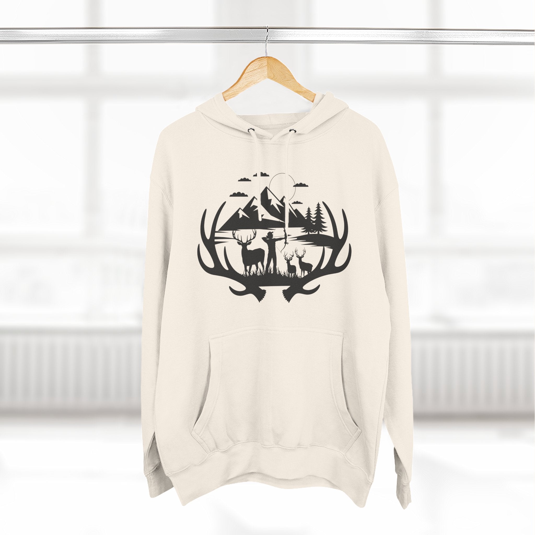 Deer Antler Mountain Hoodie — Rustic Outdoor Gift for Him Wildlife Graphic Pullover