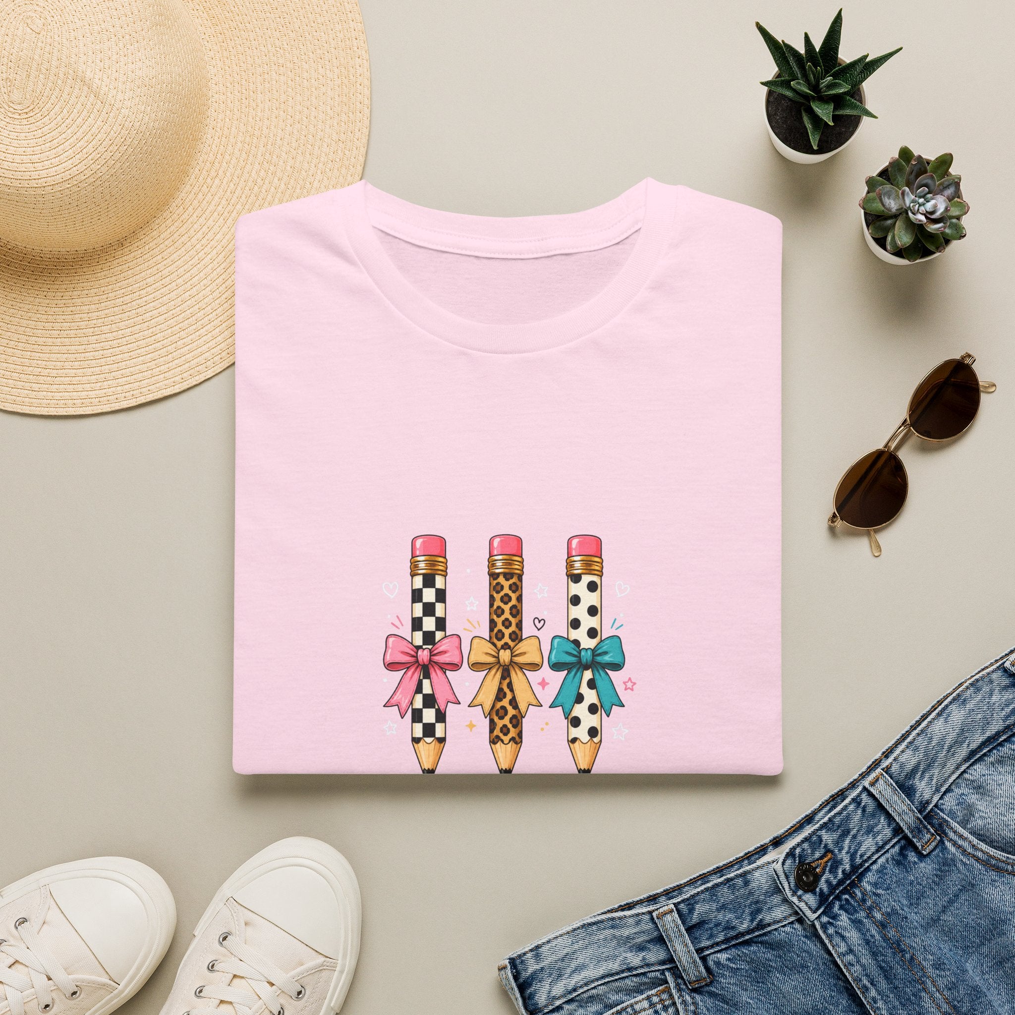 Pencil Trio Graphic T-Shirt — Cute Patterned Pencils with Bows