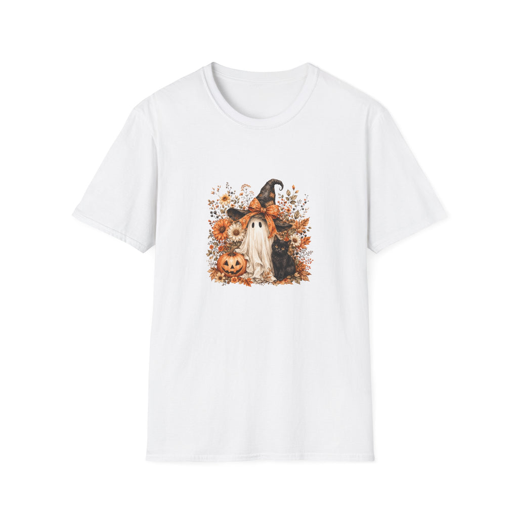 Halloween Witch Ghost & Cat T-Shirt — Cute Spooky Gift for Women Fall Floral Tee