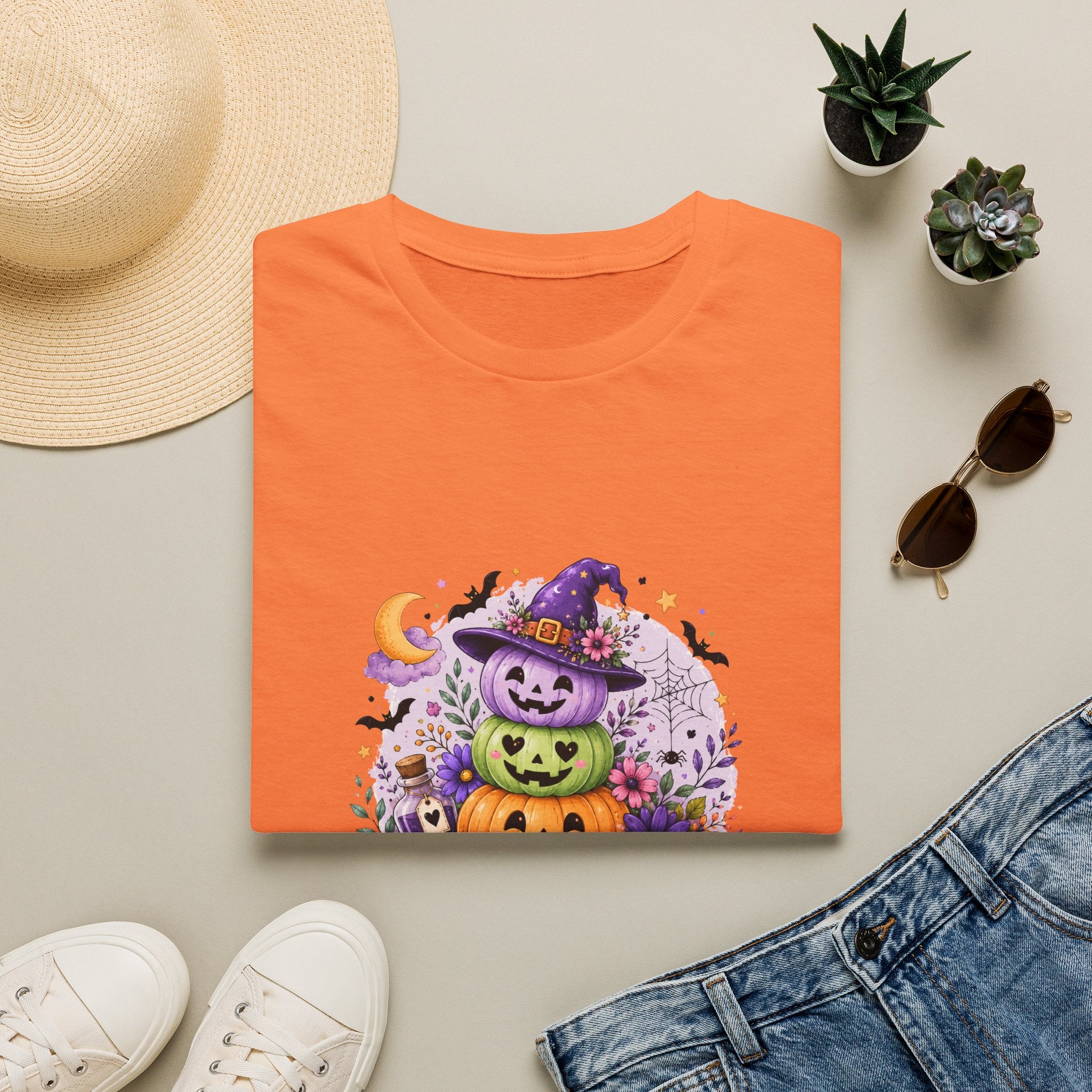 Spooky Season Pumpkin Stack T-Shirt — Cute Halloween Gift for Women Witch Hat Tee