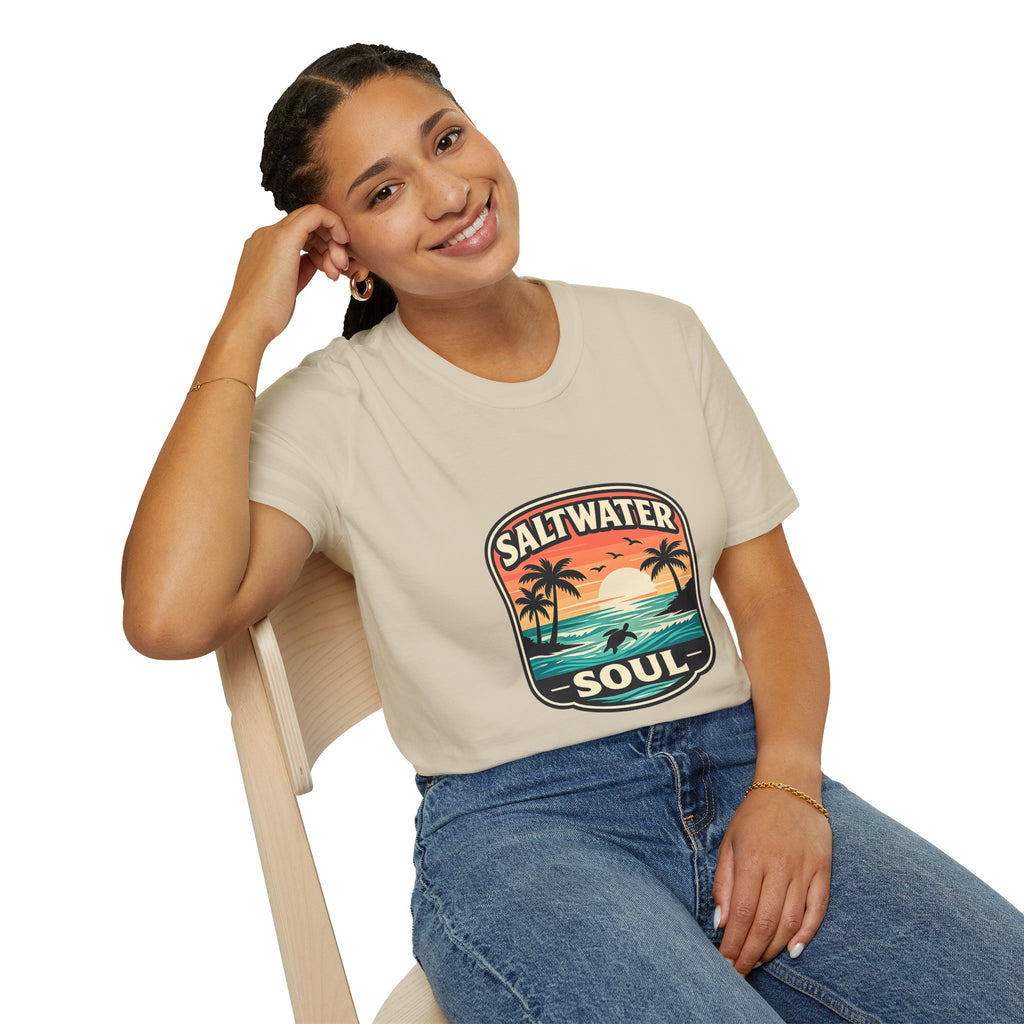 Saltwater Soul Retro Beach T-Shirt — Cute Coastal Gift for Women Sunset Palm Tee