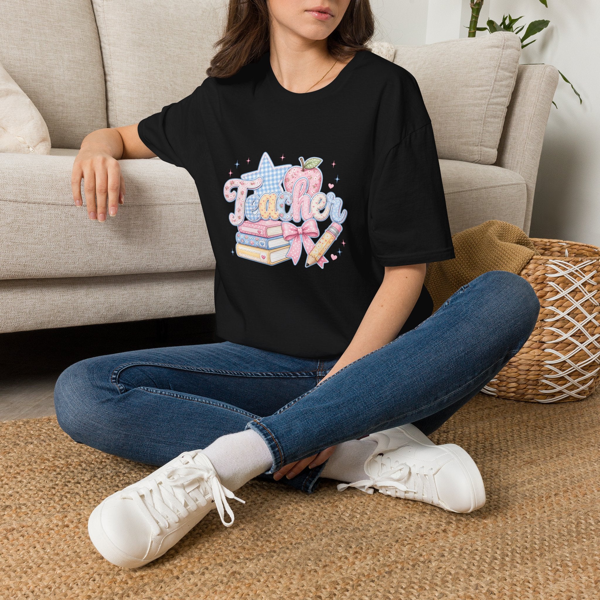 Cute Pastel Apple & Books Teacher T-Shirt — Funny Back-to-School Gift Graphic Tee