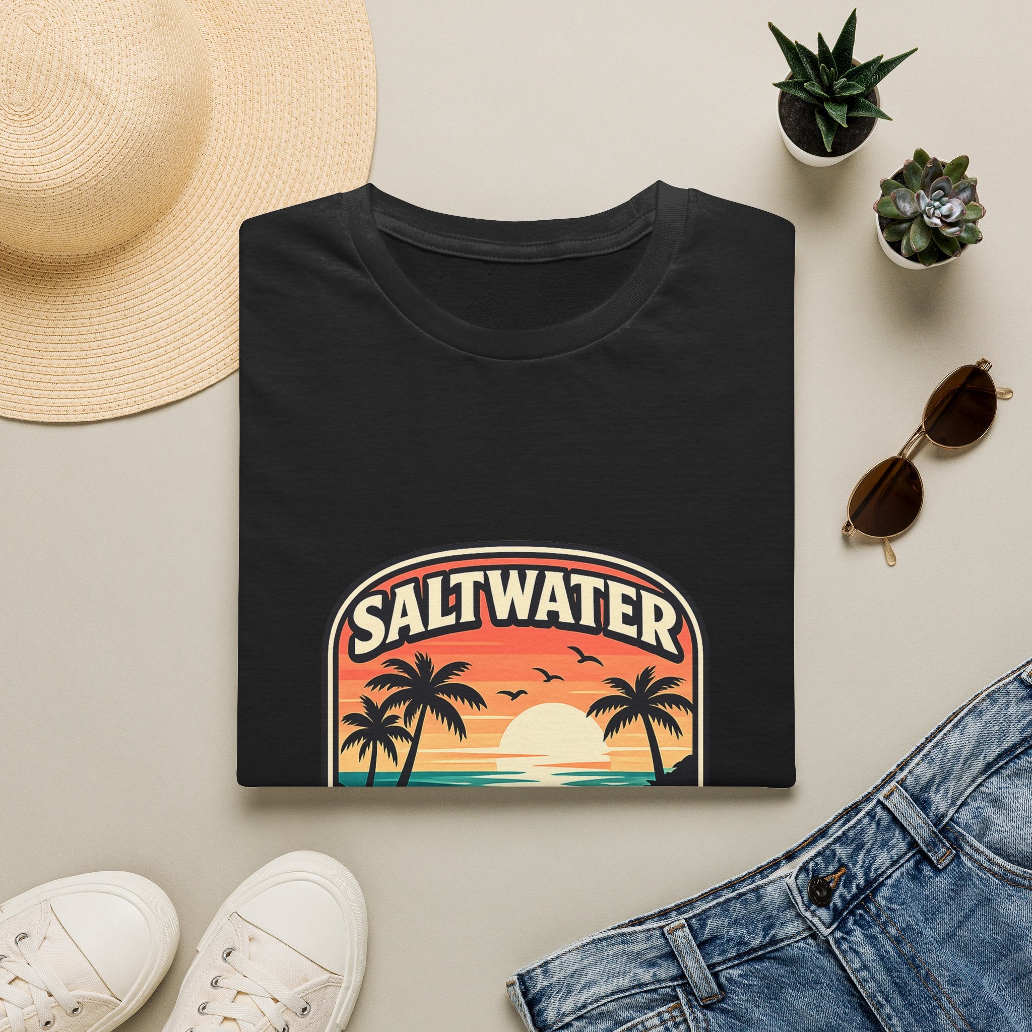 Saltwater Soul Retro Beach T-Shirt — Cute Coastal Gift for Women Sunset Palm Tee