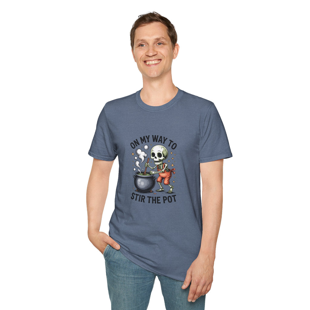 On My Way to Stir the Pot Skeleton T-Shirt — Funny Halloween Gift for Women