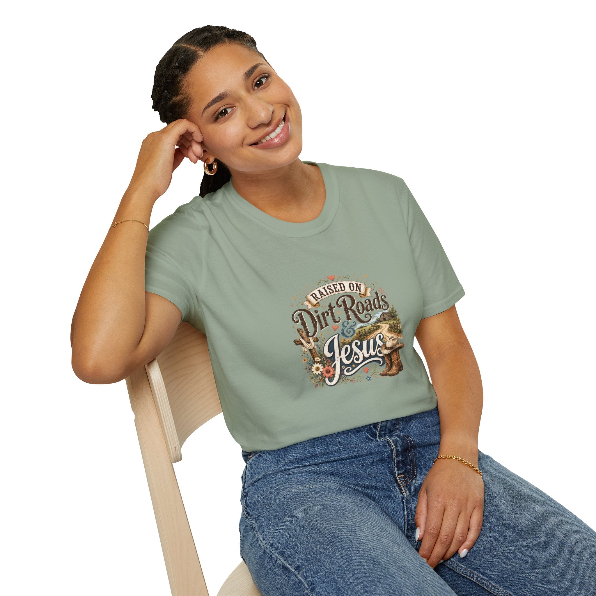 Raised on Dirt Roads & Jesus T-Shirt — Rustic Christian Gift for Women Faith Tee