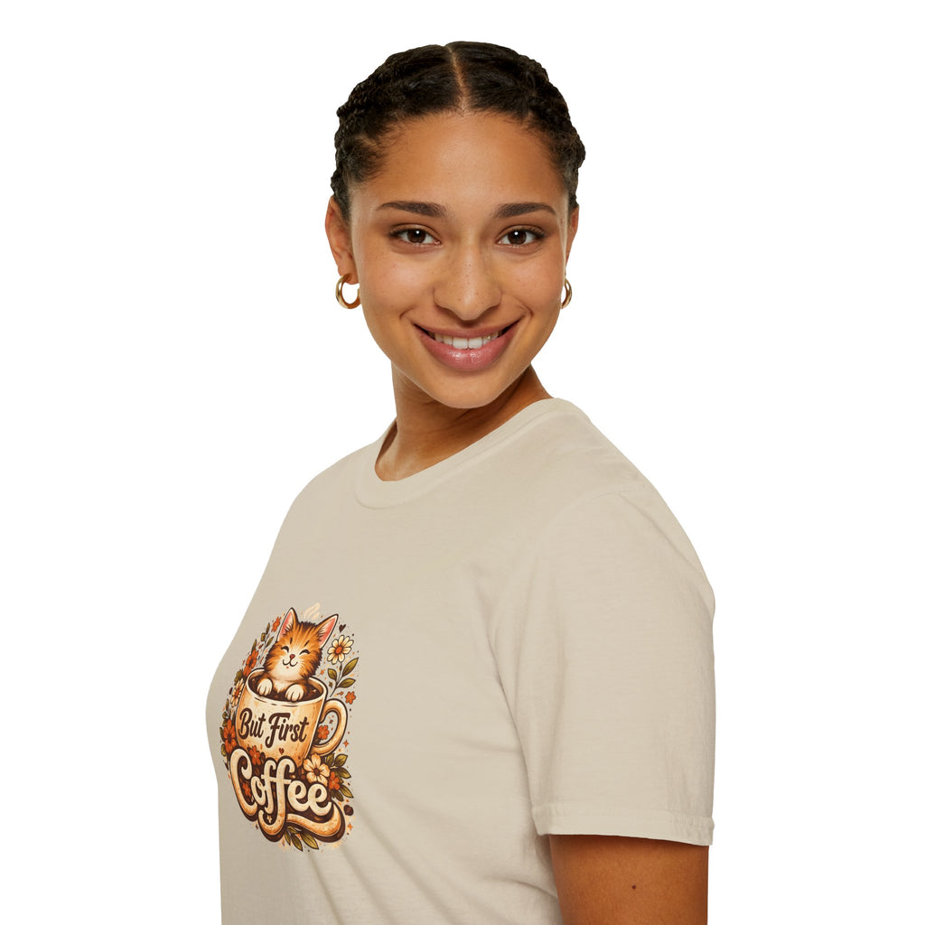 But First Coffee Cat T-Shirt — Cute Floral Gift for Coffee Lovers Women's Tee