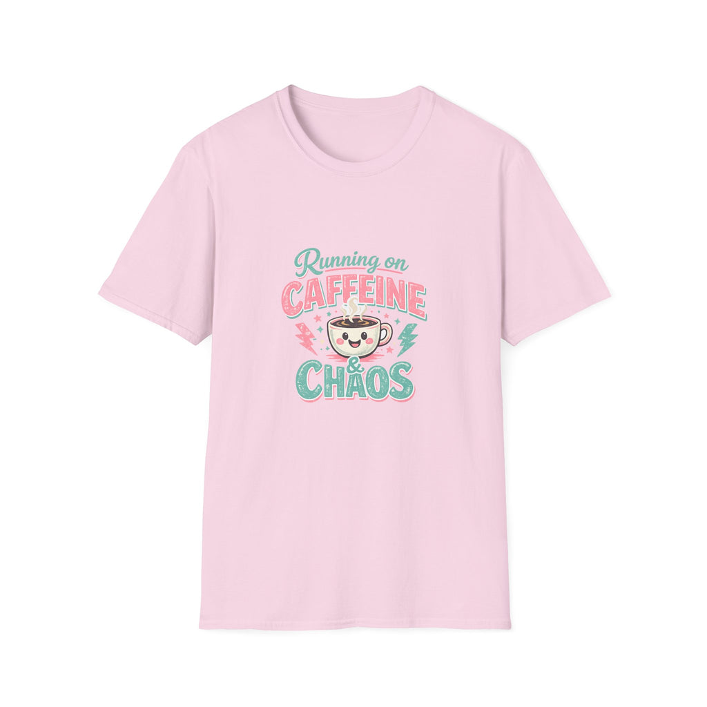 Running on Caffeine & Chaos T-Shirt — Funny Gift for Coffee Loving Moms Graphic Tee