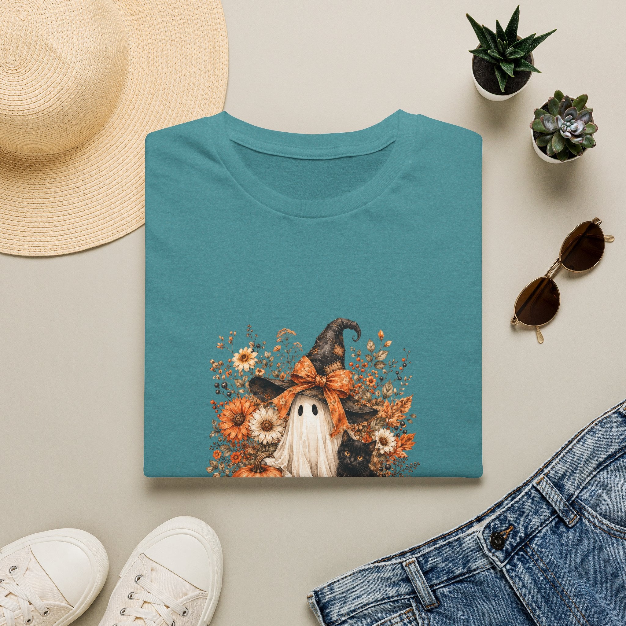 Halloween Witch Ghost & Cat T-Shirt — Cute Spooky Gift for Women Fall Floral Tee
