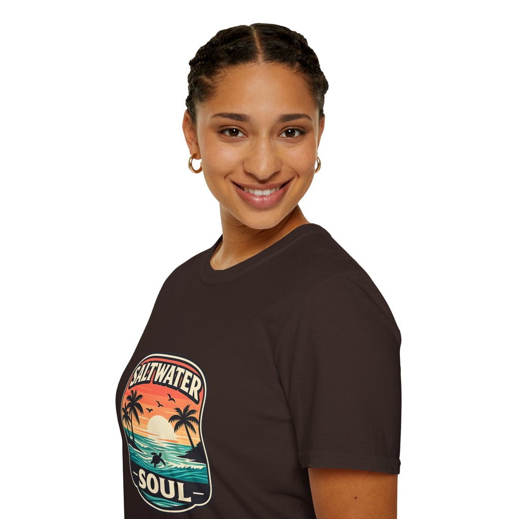 Saltwater Soul Retro Beach T-Shirt — Cute Coastal Gift for Women Sunset Palm Tee