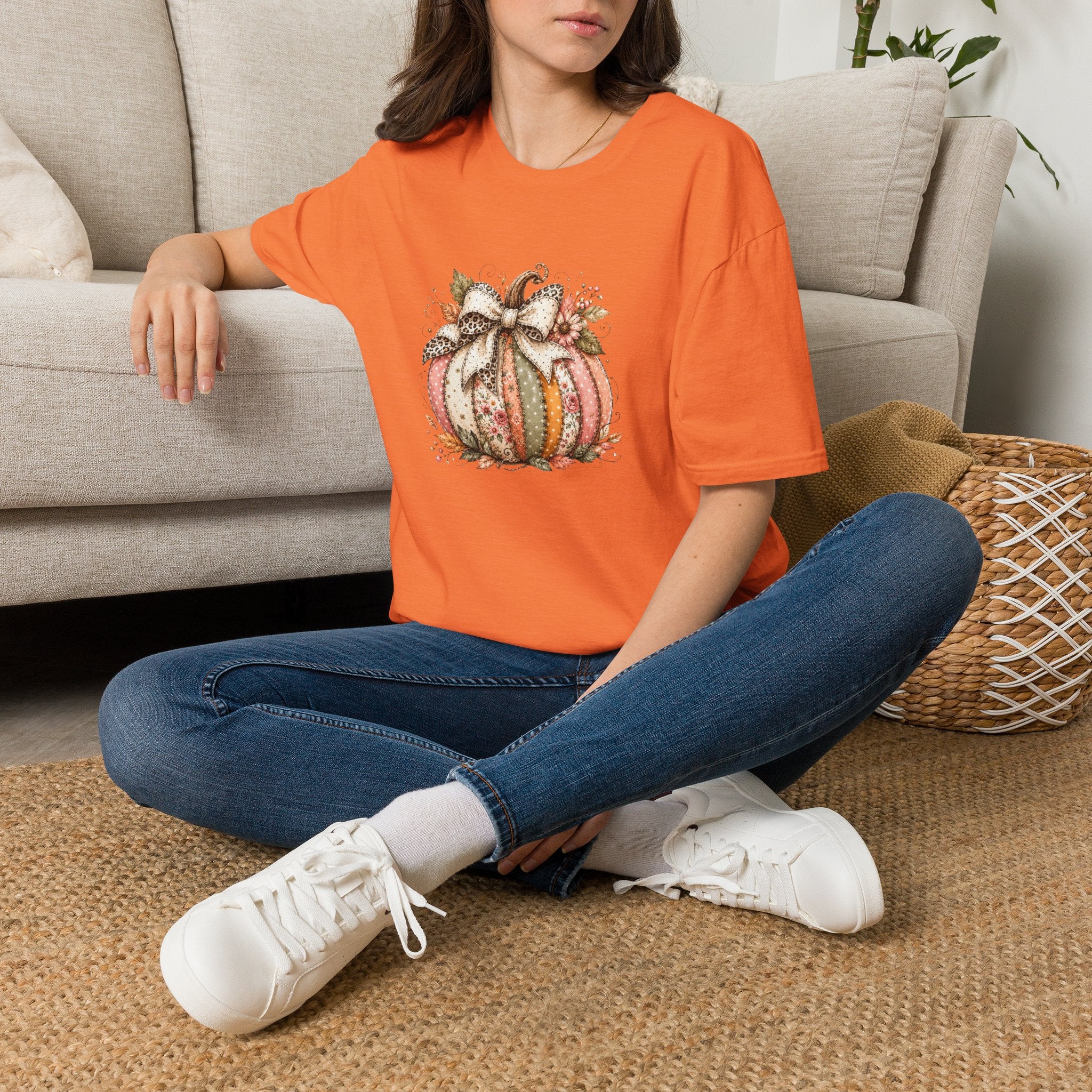 Autumn Floral Pumpkin Leopard Bow T-Shirt — Cute Fall Gift for Women Graphic Tee