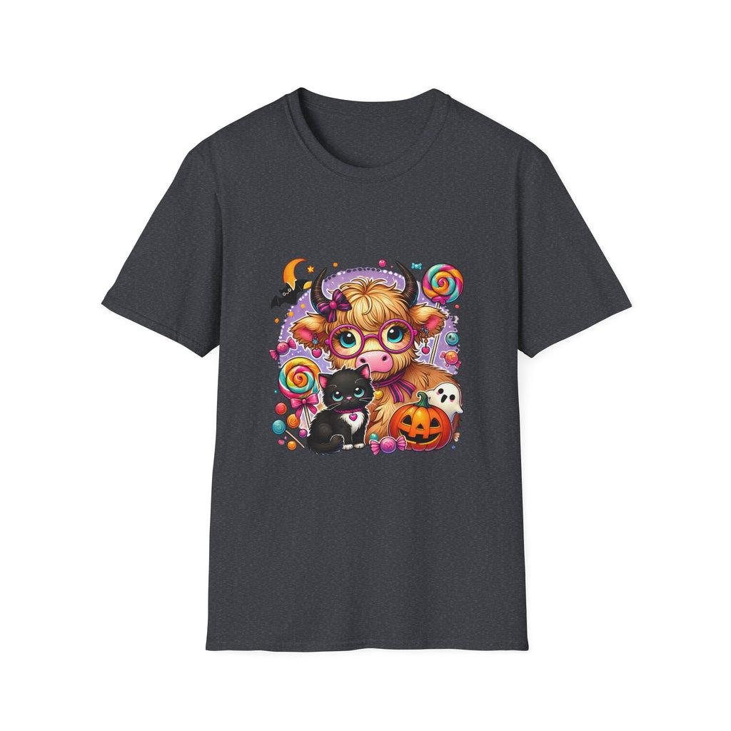 Cute Halloween Cow T-Shirt — Funny Gift for Her Candy Pumpkins & Kitty Costume Tee