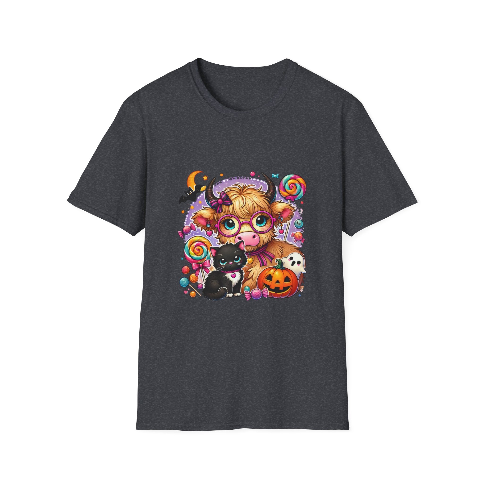 Cute Halloween Cow T-Shirt — Funny Gift for Her Candy Pumpkins & Kitty Costume Tee