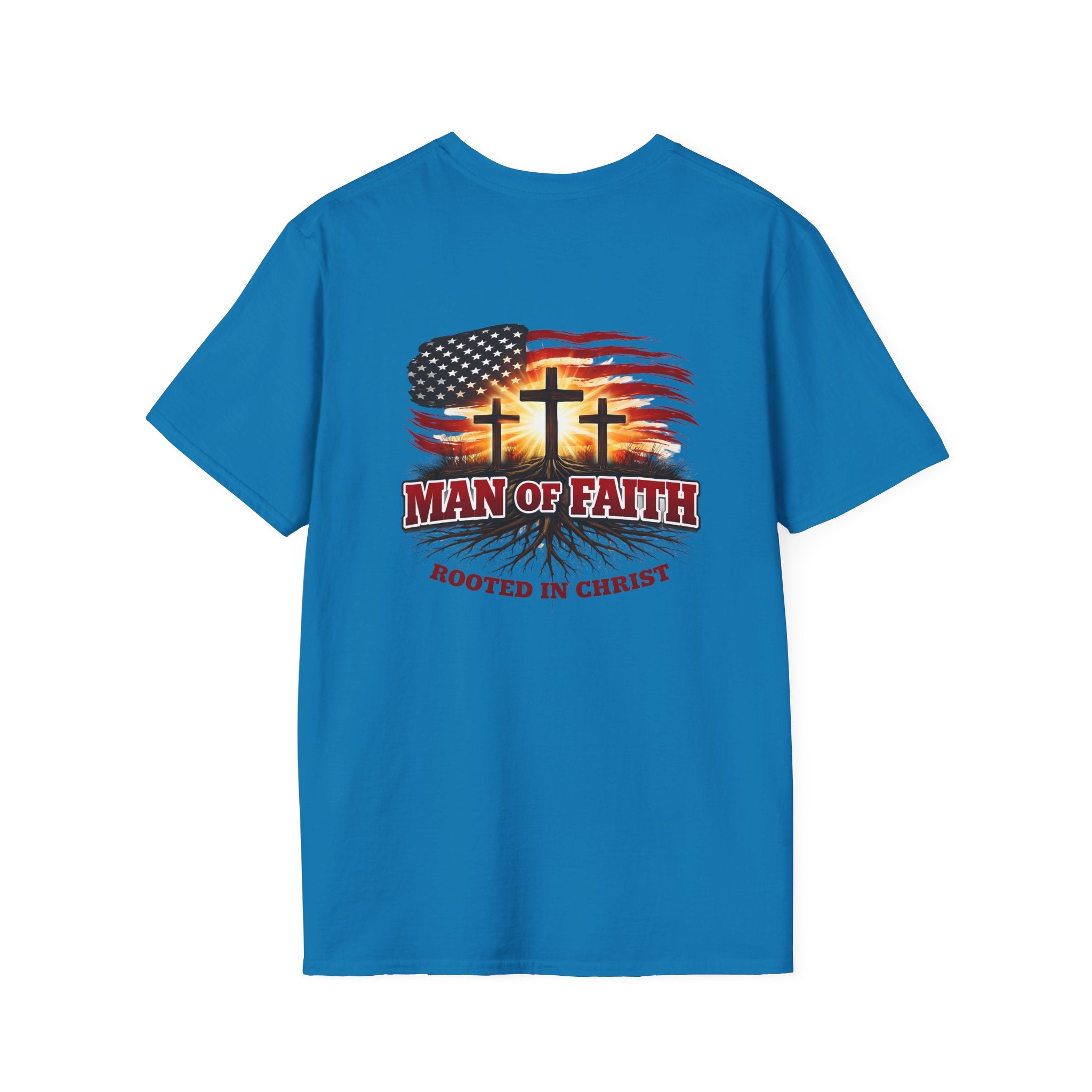 Man of Faith Rooted in Christ T-Shirt — Christian Gift for Him Flag & Cross Back Print Graphic Tee