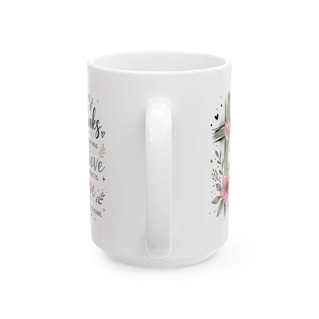 Floral Cross Give Thanks Ceramic Mug — Inspirational Christian Gift Coffee Cup 11oz 15oz