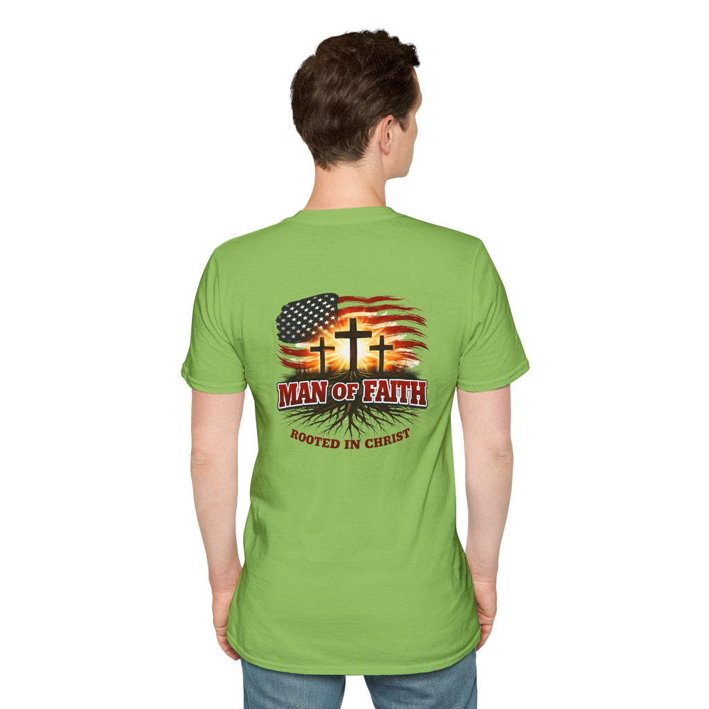 Man of Faith Rooted in Christ T-Shirt — Christian Gift for Him Flag & Cross Back Print Graphic Tee