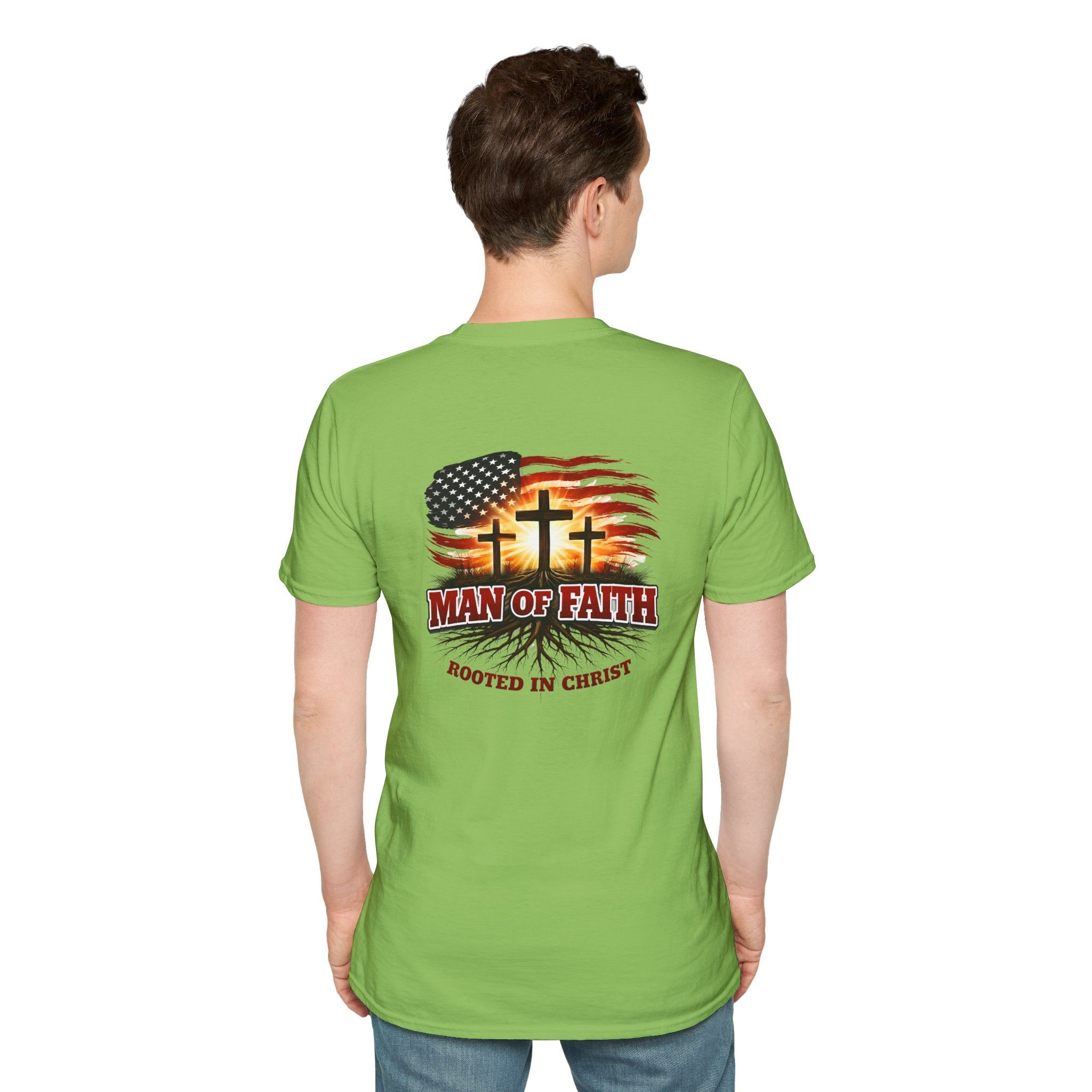 Man of Faith Rooted in Christ T-Shirt — Christian Gift for Him Flag & Cross Back Print Graphic Tee