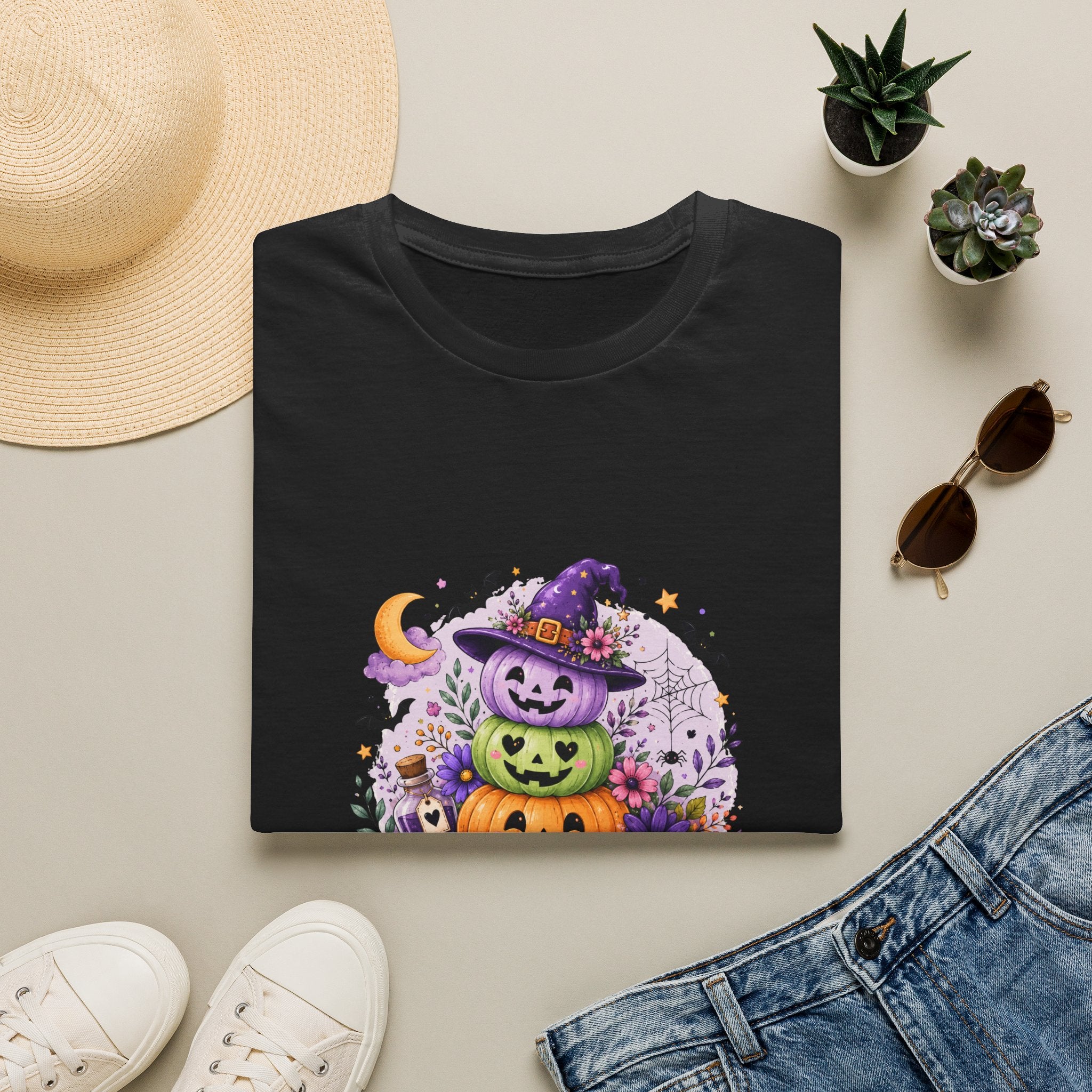 Spooky Season Pumpkin Stack T-Shirt — Cute Halloween Gift for Women Witch Hat Tee