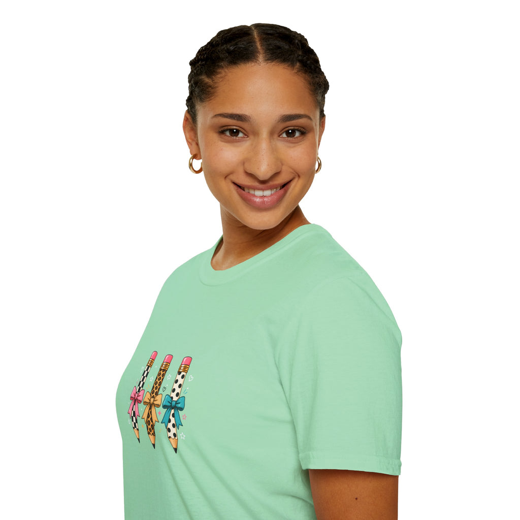Pencil Trio Graphic T-Shirt — Cute Patterned Pencils with Bows