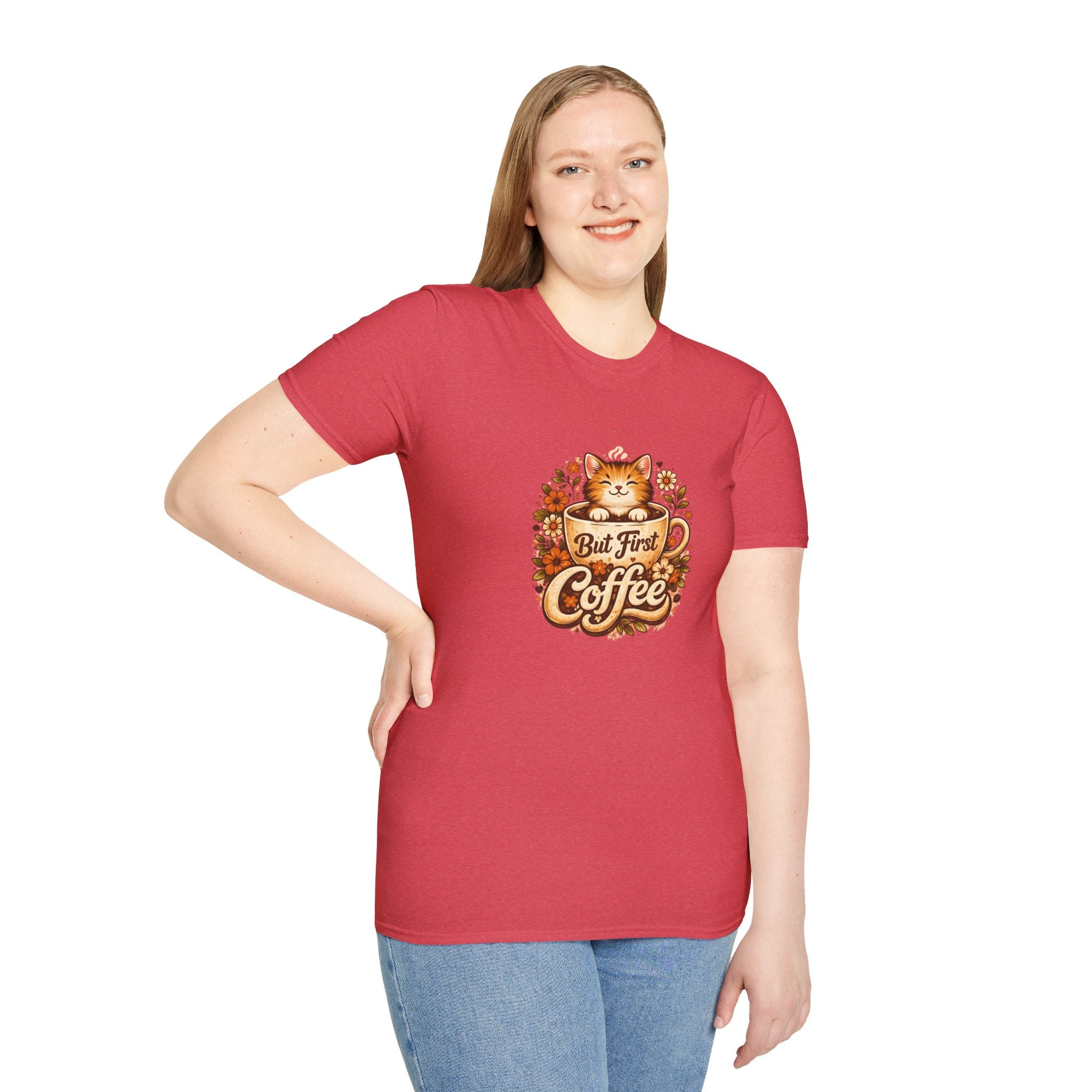 But First Coffee Cat T-Shirt — Cute Floral Gift for Coffee Lovers Women's Tee