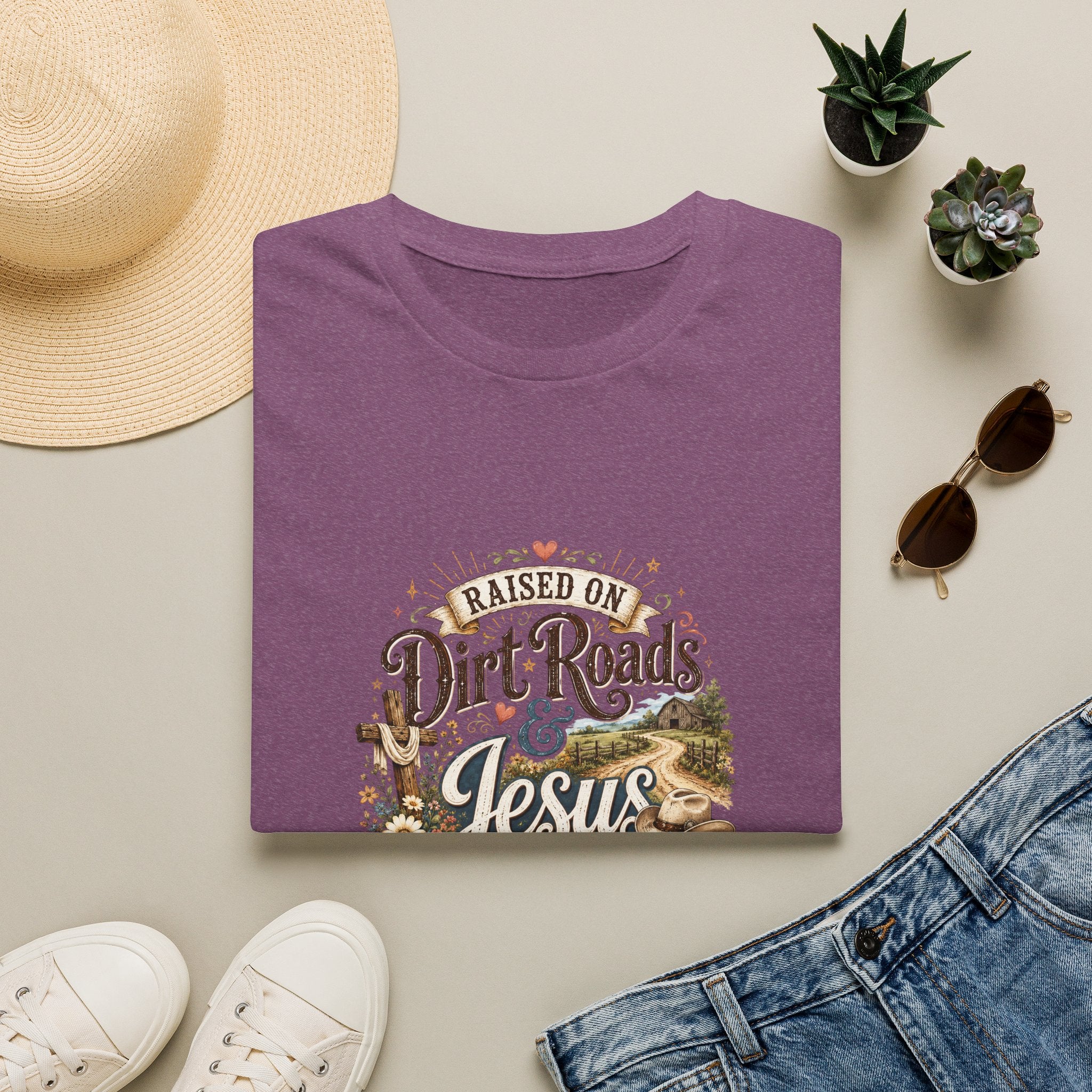Raised on Dirt Roads & Jesus T-Shirt — Rustic Christian Gift for Women Faith Tee
