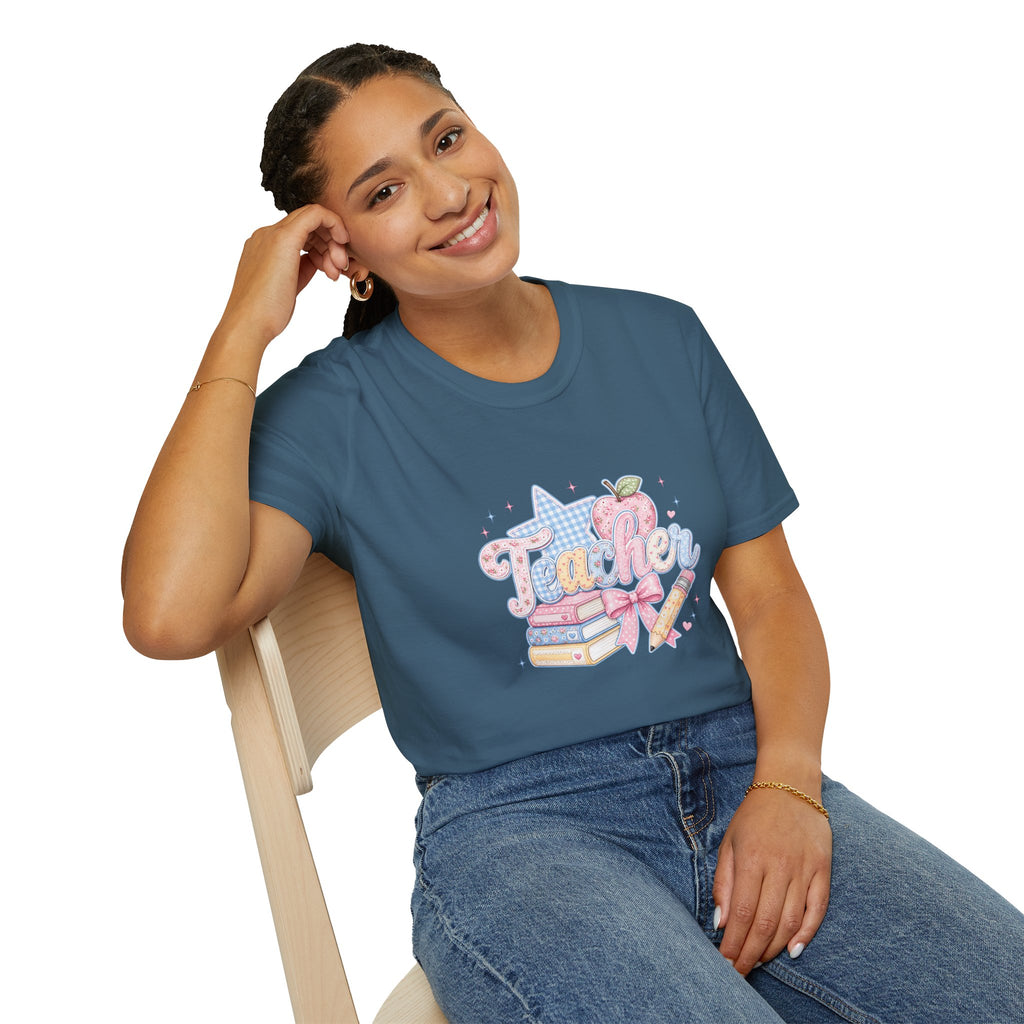 Cute Pastel Apple & Books Teacher T-Shirt — Funny Back-to-School Gift Graphic Tee